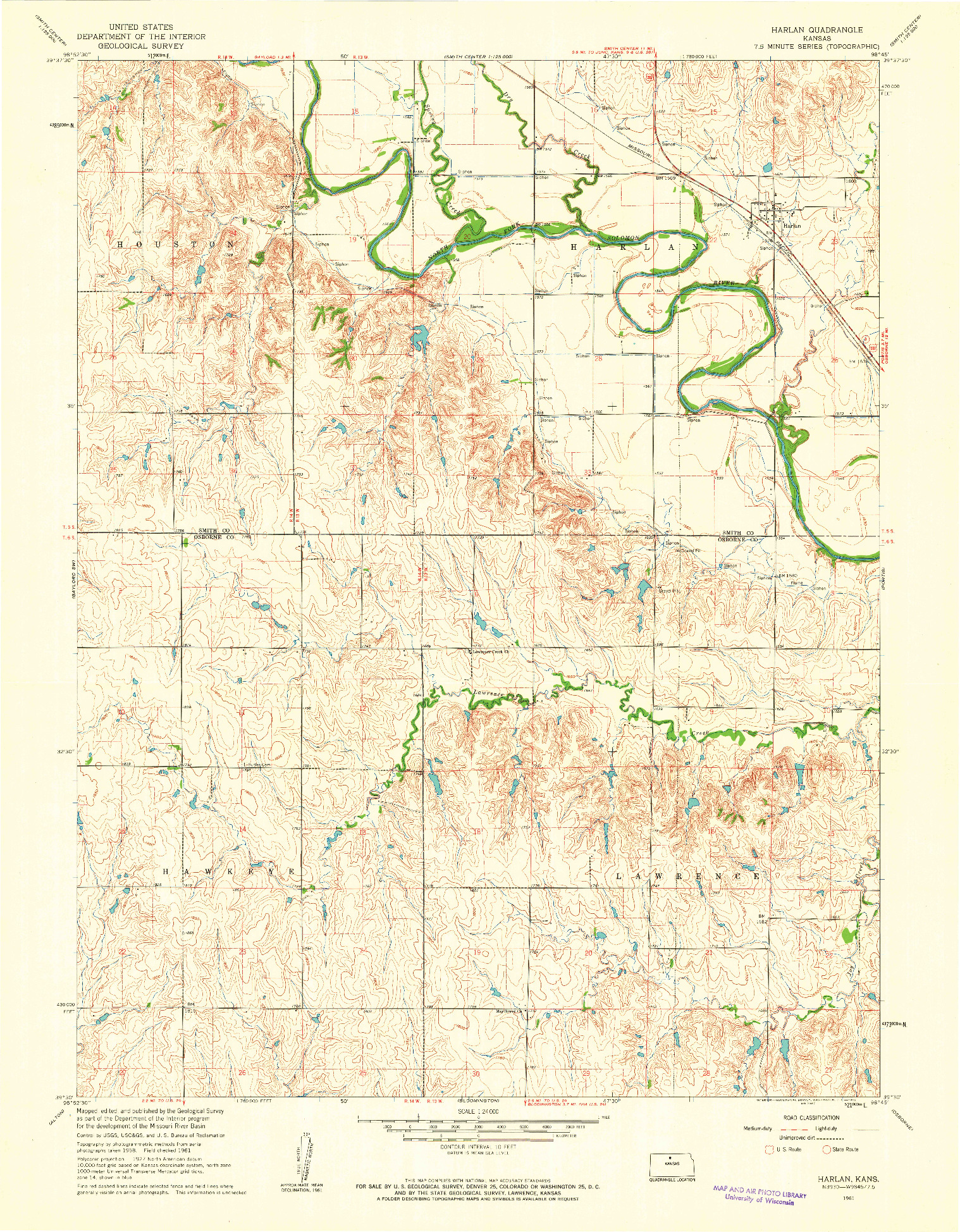 USGS 1:24000-SCALE QUADRANGLE FOR HARLAN, KS 1961