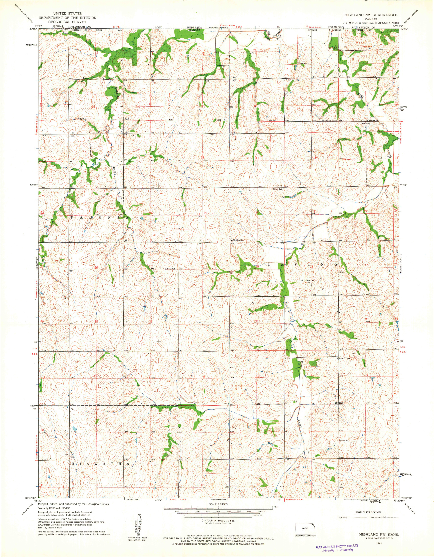 USGS 1:24000-SCALE QUADRANGLE FOR HIGHLAND NW, KS 1961