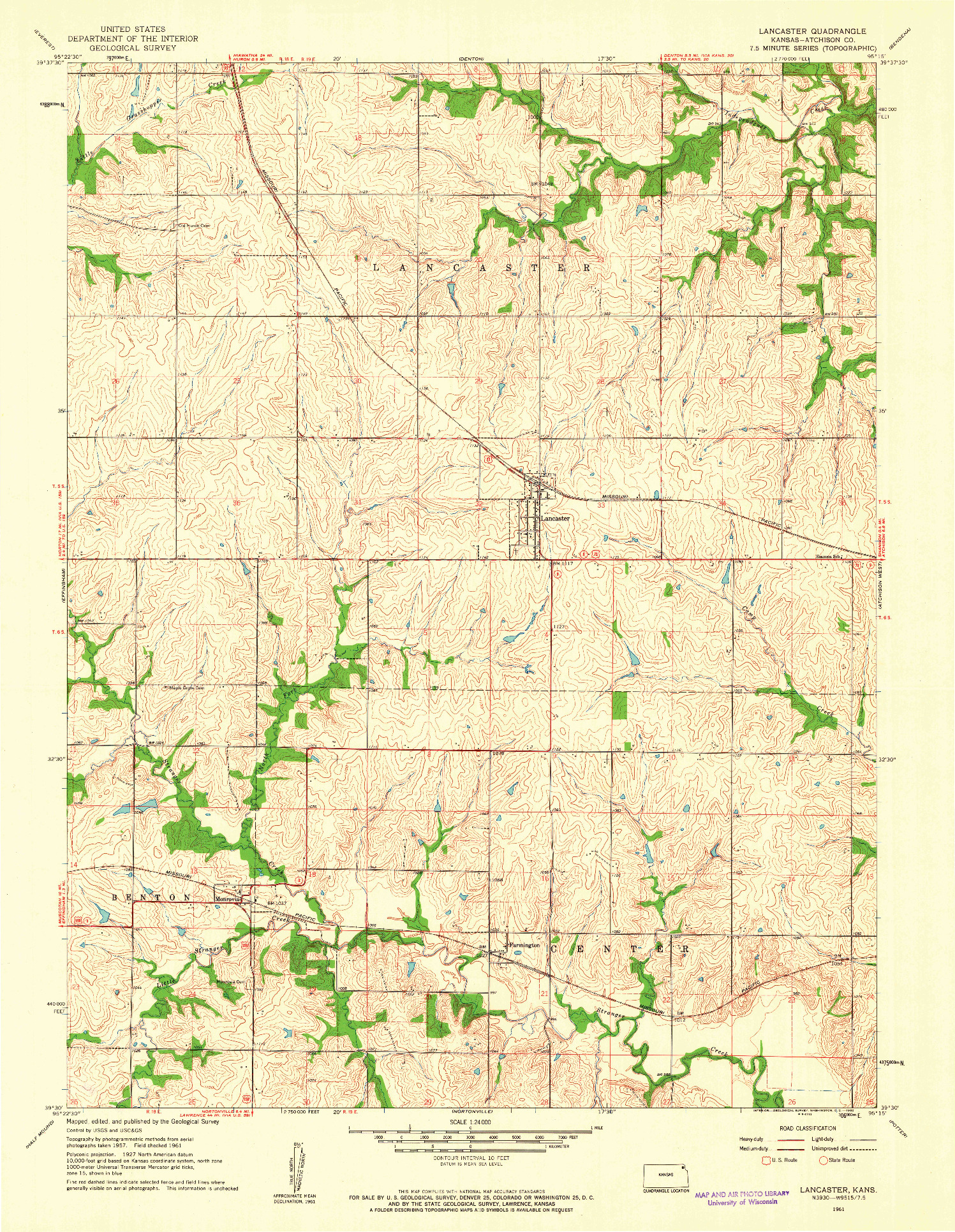 USGS 1:24000-SCALE QUADRANGLE FOR LANCASTER, KS 1961