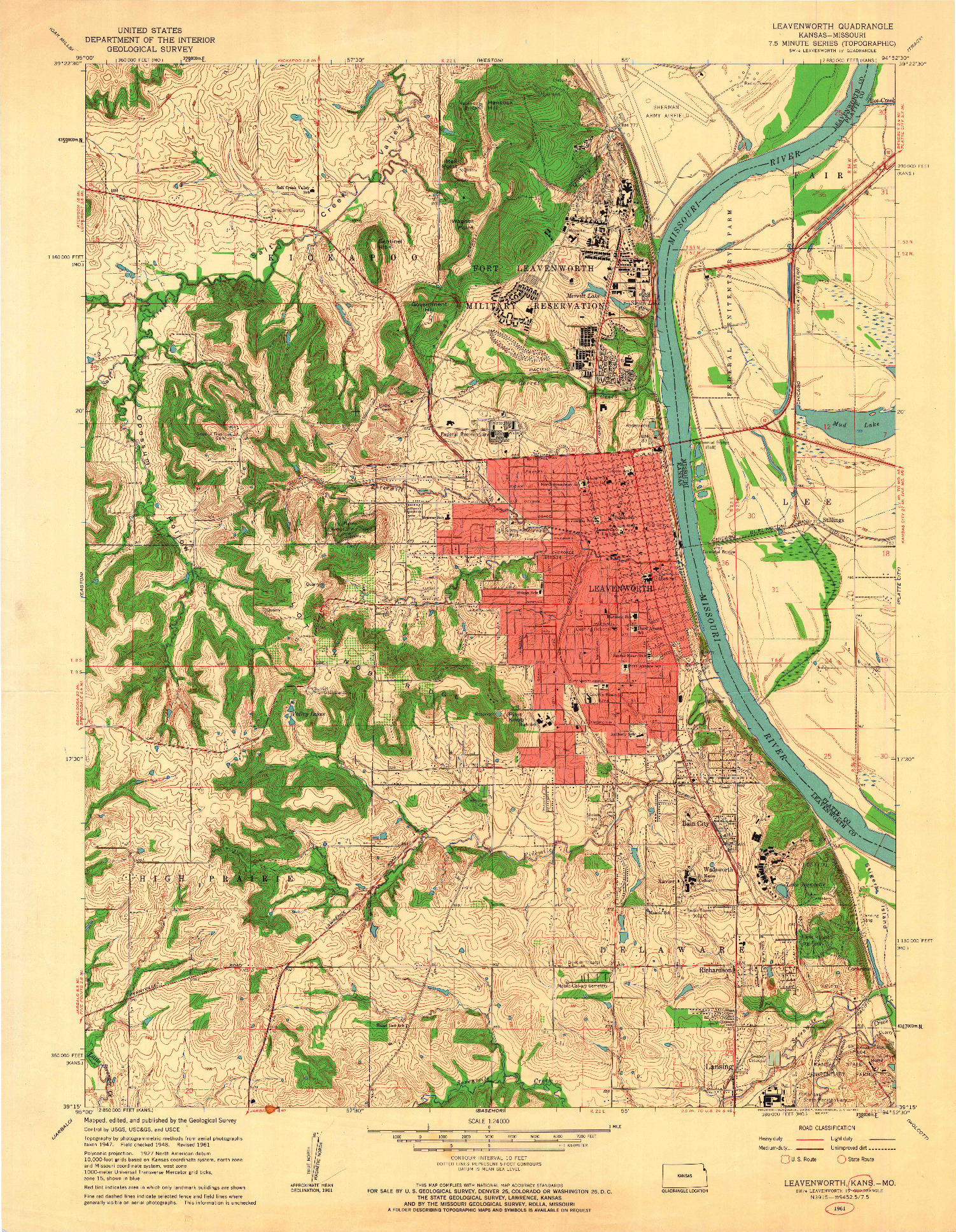 USGS 1:24000-SCALE QUADRANGLE FOR LEAVENWORTH, KS 1961