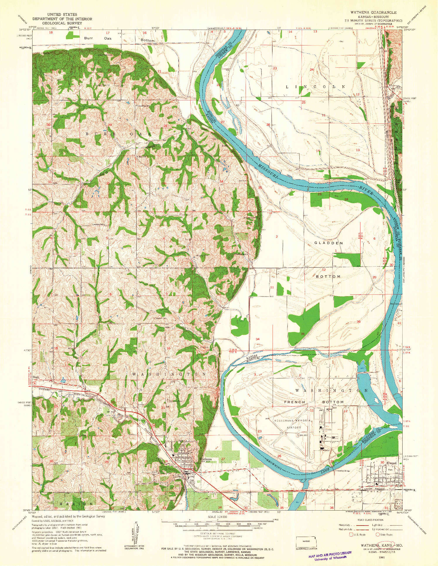 USGS 1:24000-SCALE QUADRANGLE FOR WATHENA, KS 1961