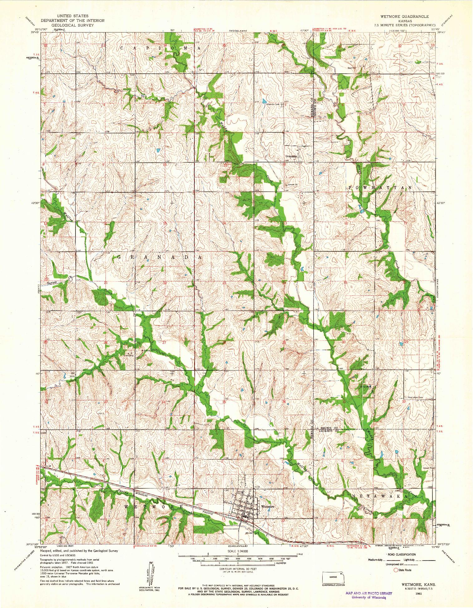 USGS 1:24000-SCALE QUADRANGLE FOR WETMORE, KS 1961