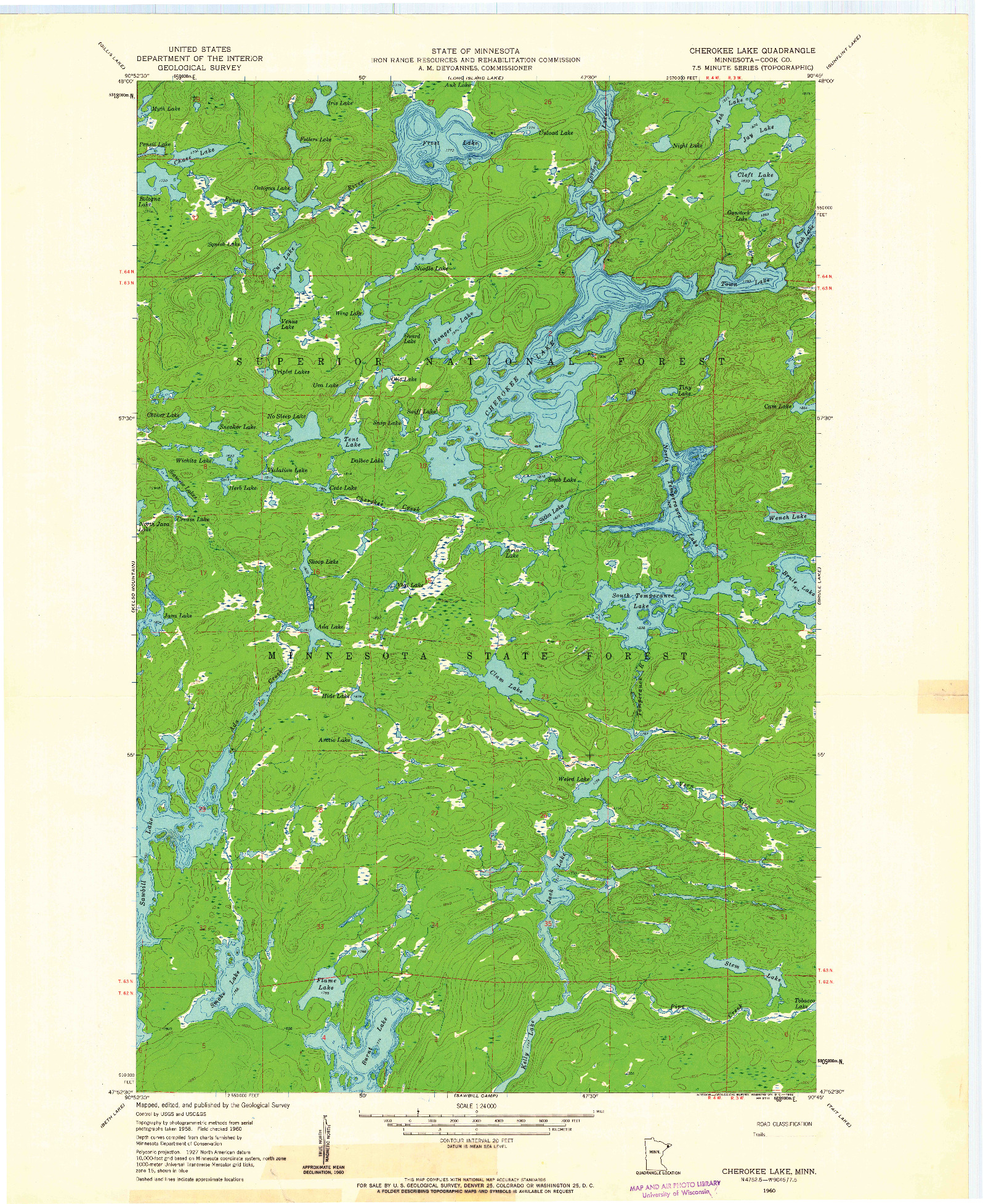 USGS 1:24000-SCALE QUADRANGLE FOR CHEROKEE LAKE, MN 1960