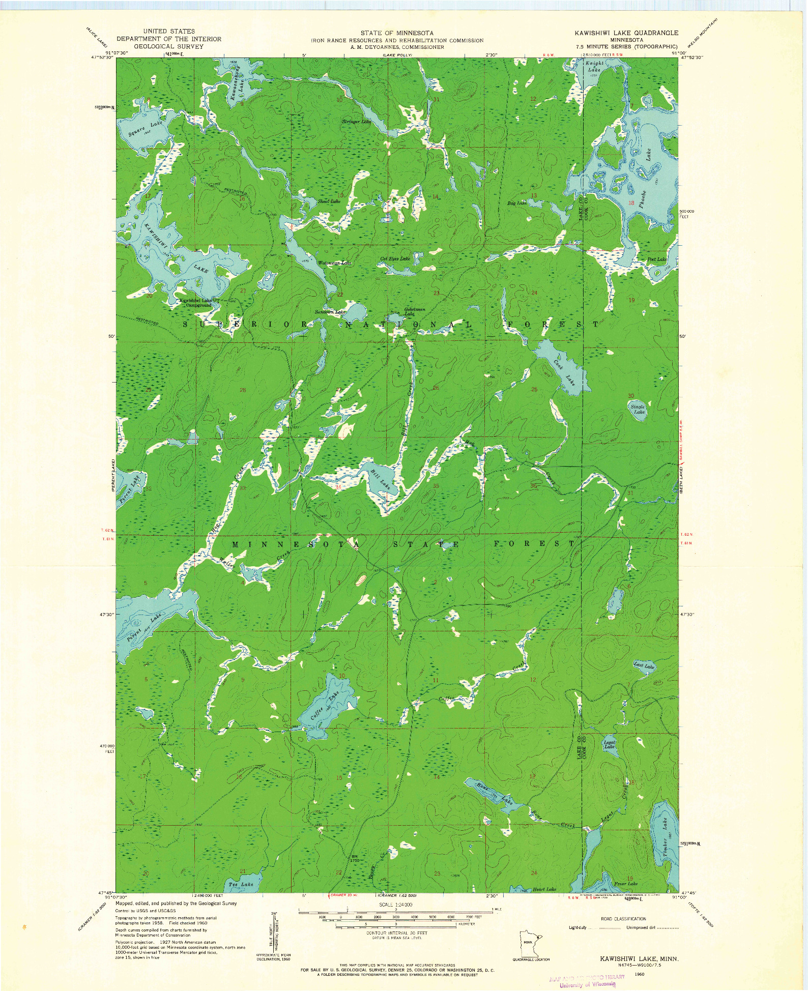 USGS 1:24000-SCALE QUADRANGLE FOR KAWISHIWI LAKE, MN 1960