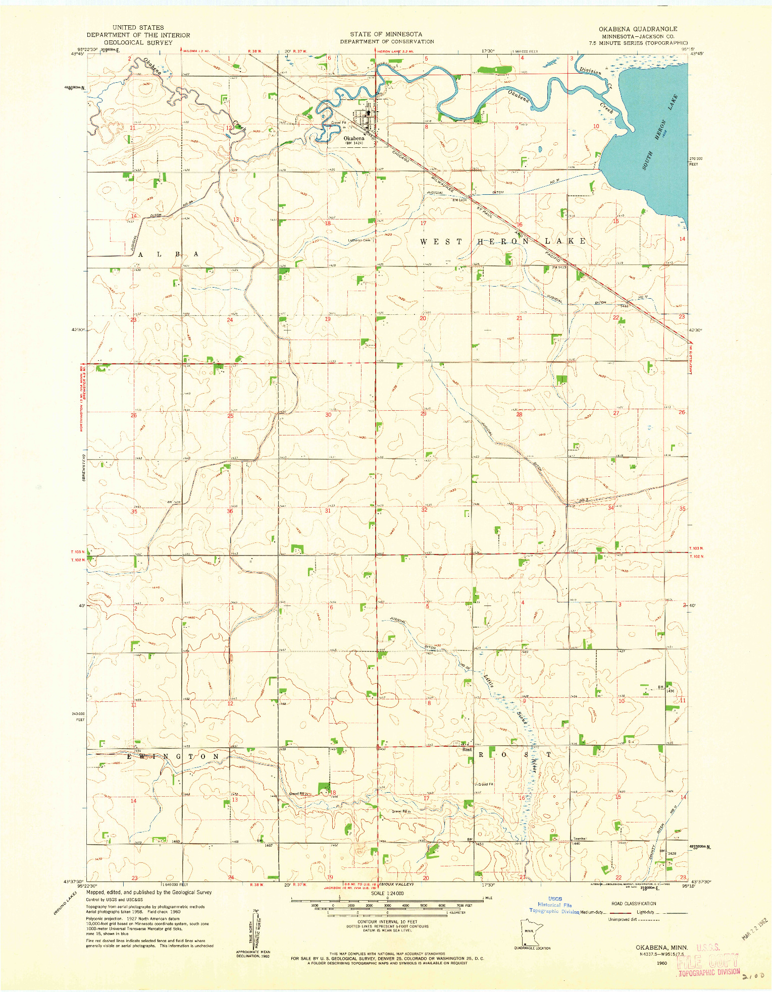USGS 1:24000-SCALE QUADRANGLE FOR OKABENA, MN 1960