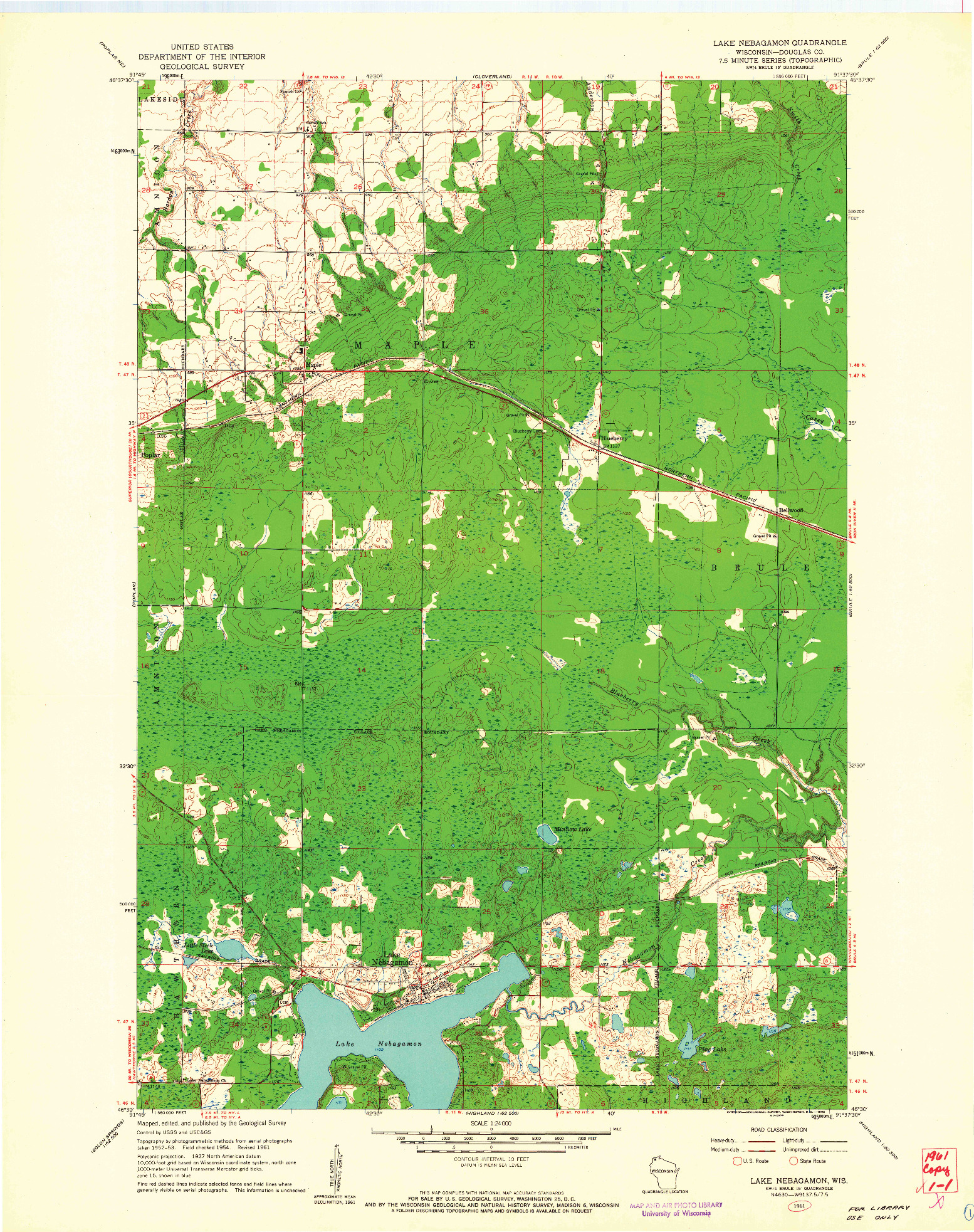 USGS 1:24000-SCALE QUADRANGLE FOR LAKE NEBAGAMON, WI 1961
