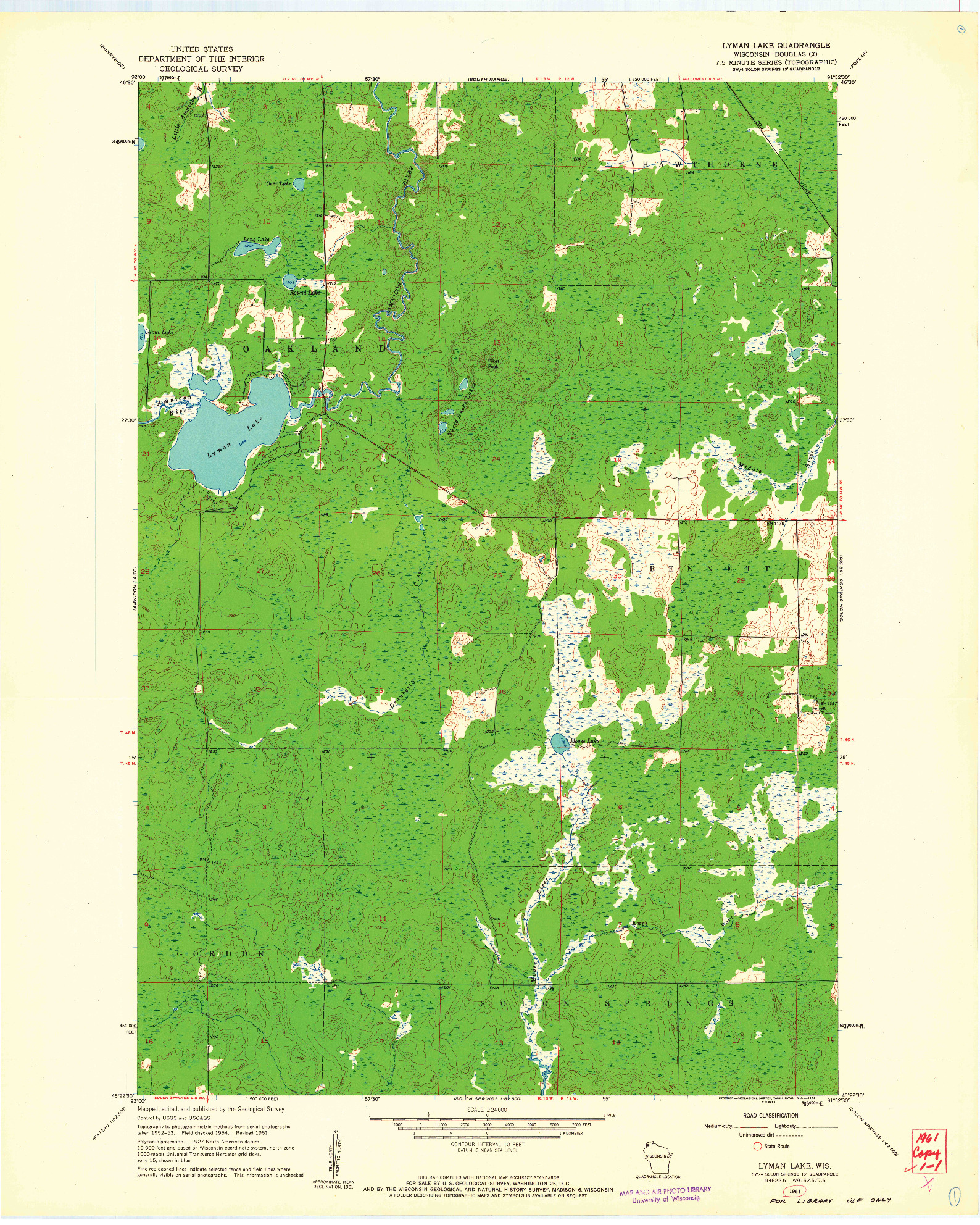 USGS 1:24000-SCALE QUADRANGLE FOR LYMAN LAKE, WI 1961