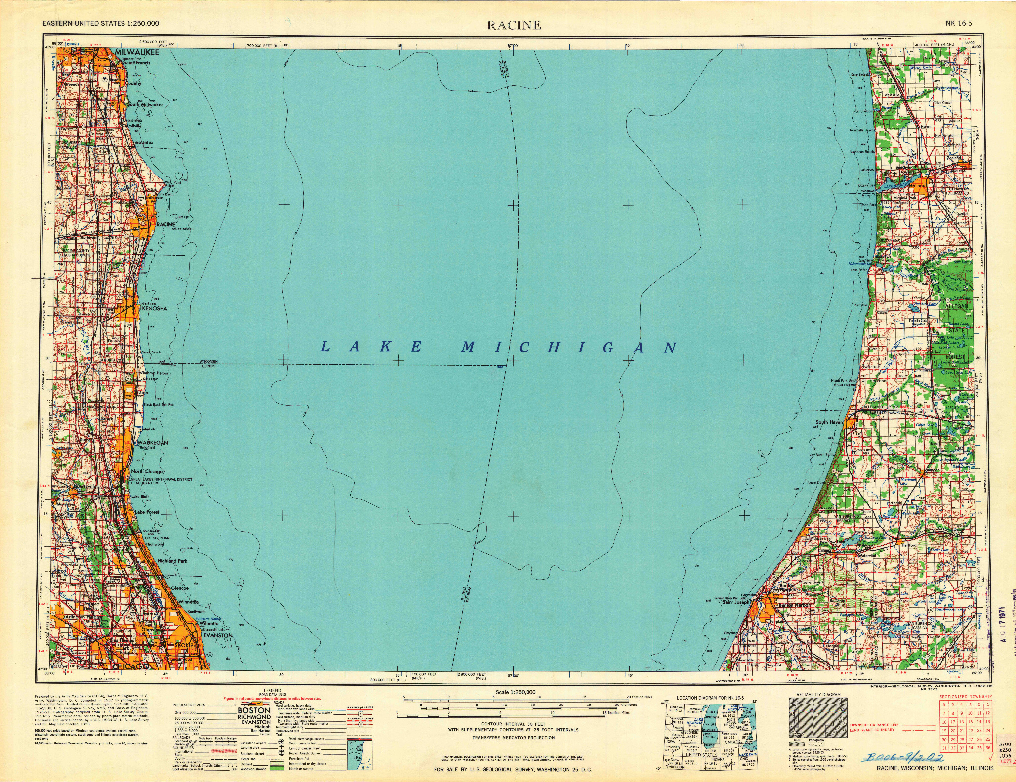 USGS 1:250000-SCALE QUADRANGLE FOR RACINE, WI 1962