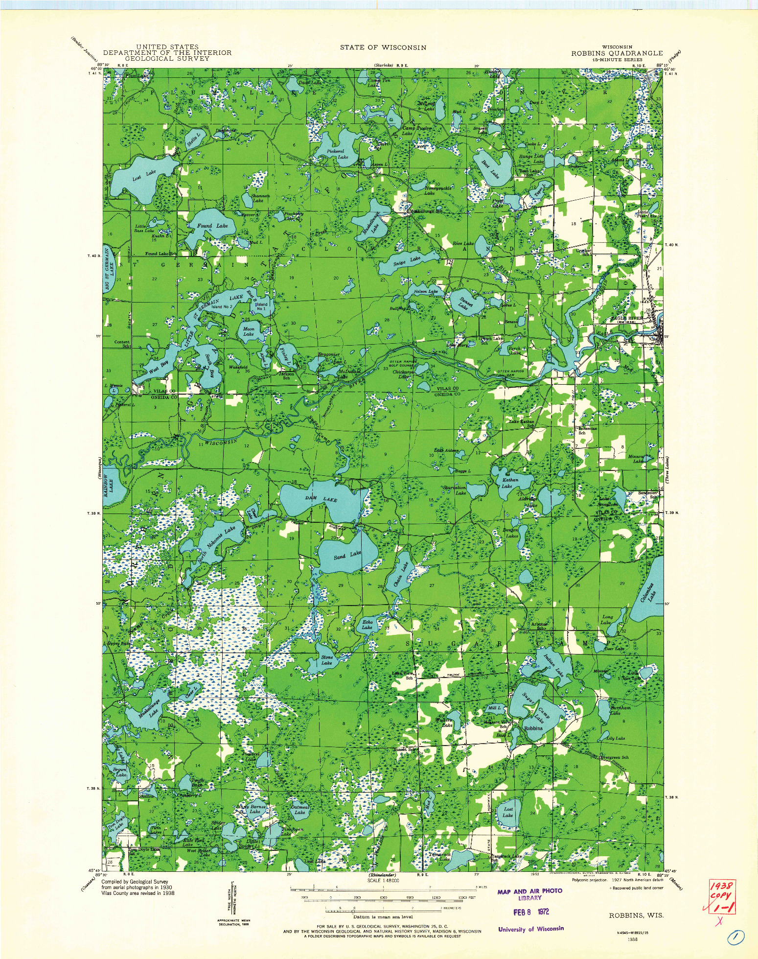 USGS 1:48000-SCALE QUADRANGLE FOR ROBBINS, WI 1938