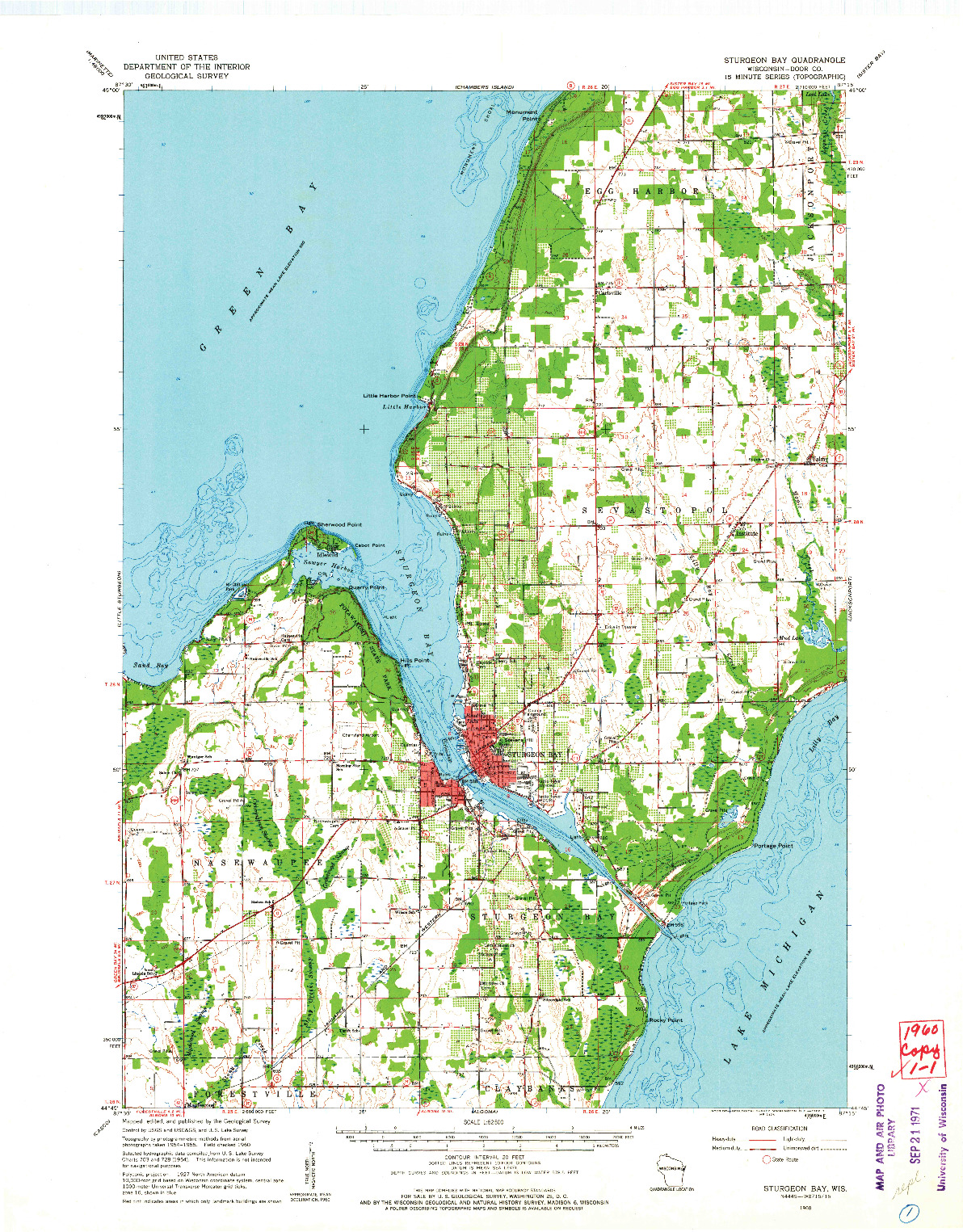USGS 1:62500-SCALE QUADRANGLE FOR STURGEON BAY, WI 1960