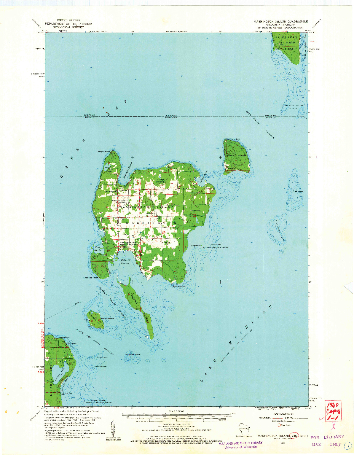 USGS 1:62500-SCALE QUADRANGLE FOR WASHINGTON ISLAND, WI 1960