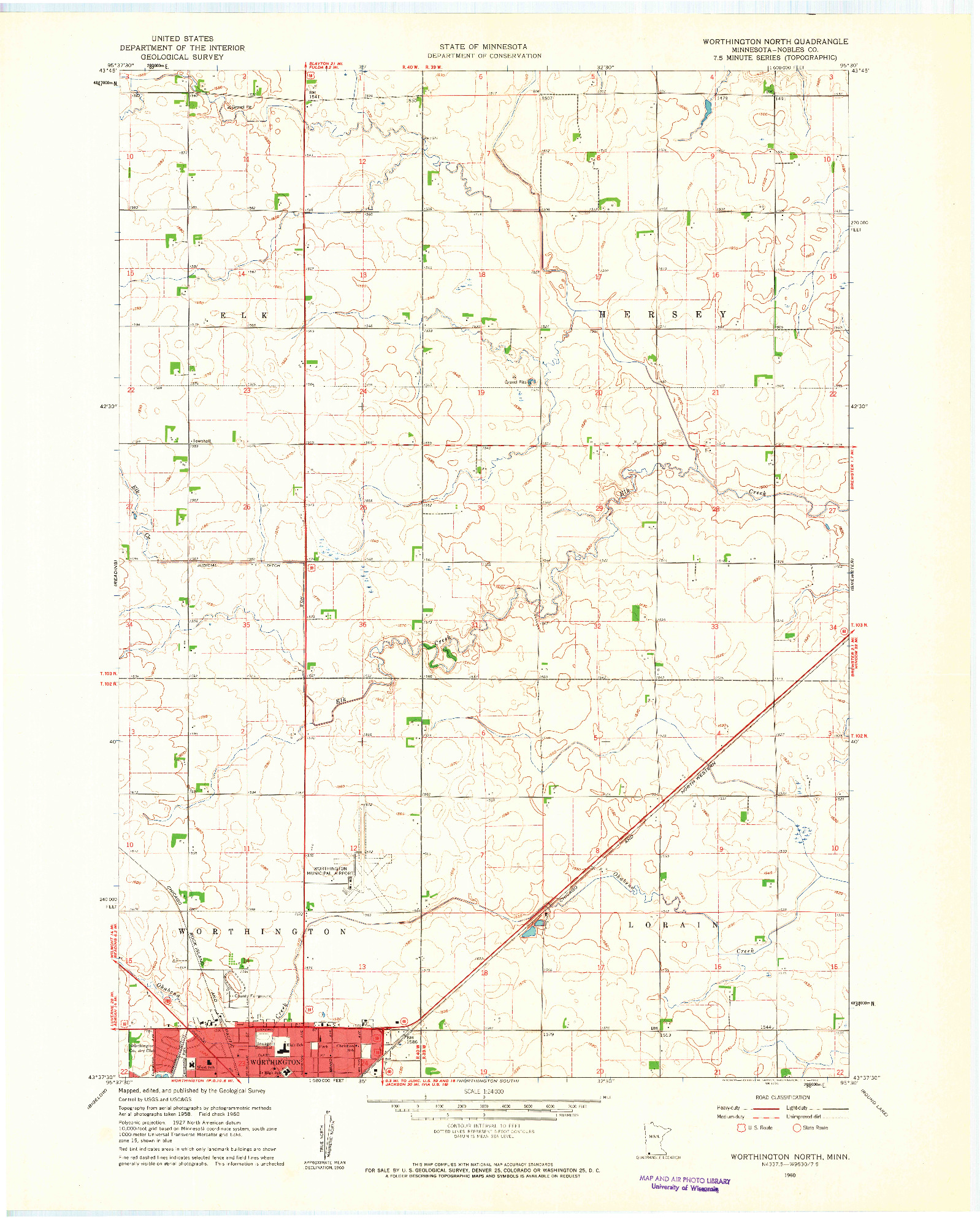 USGS 1:24000-SCALE QUADRANGLE FOR WORTHINGTON NORTH, MN 1960