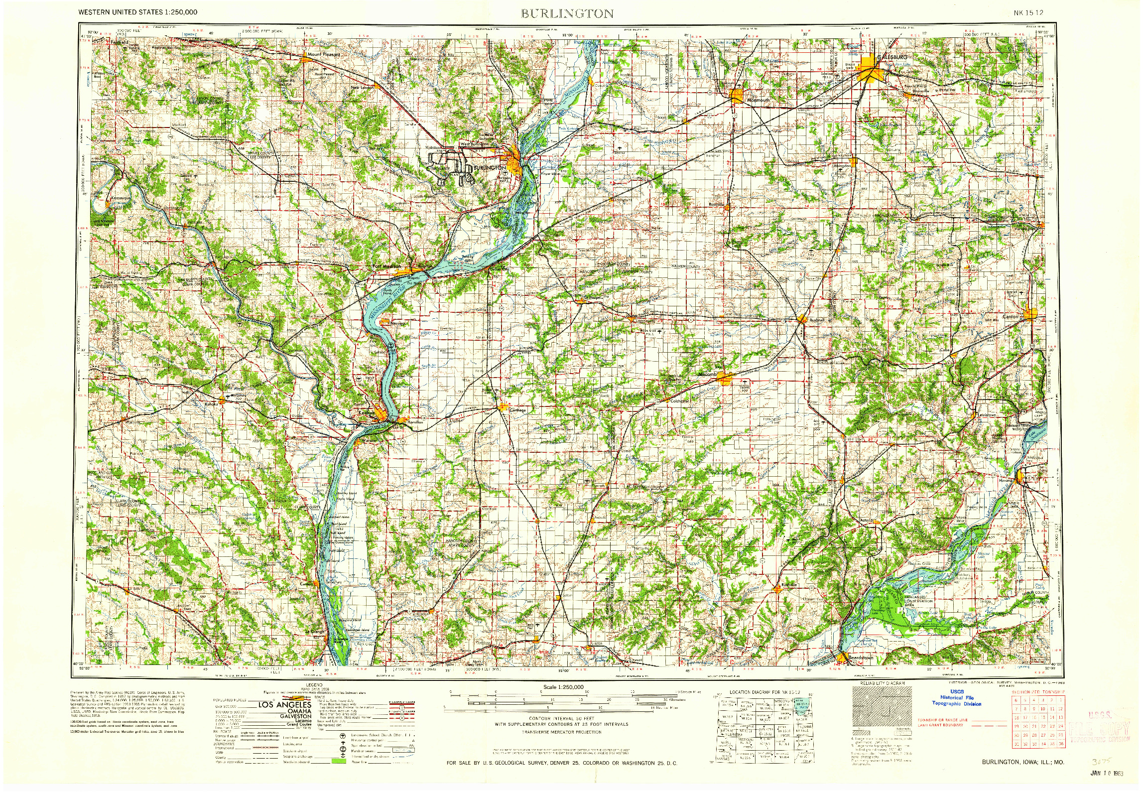 USGS 1:250000-SCALE QUADRANGLE FOR BURLINGTON, IA 1963