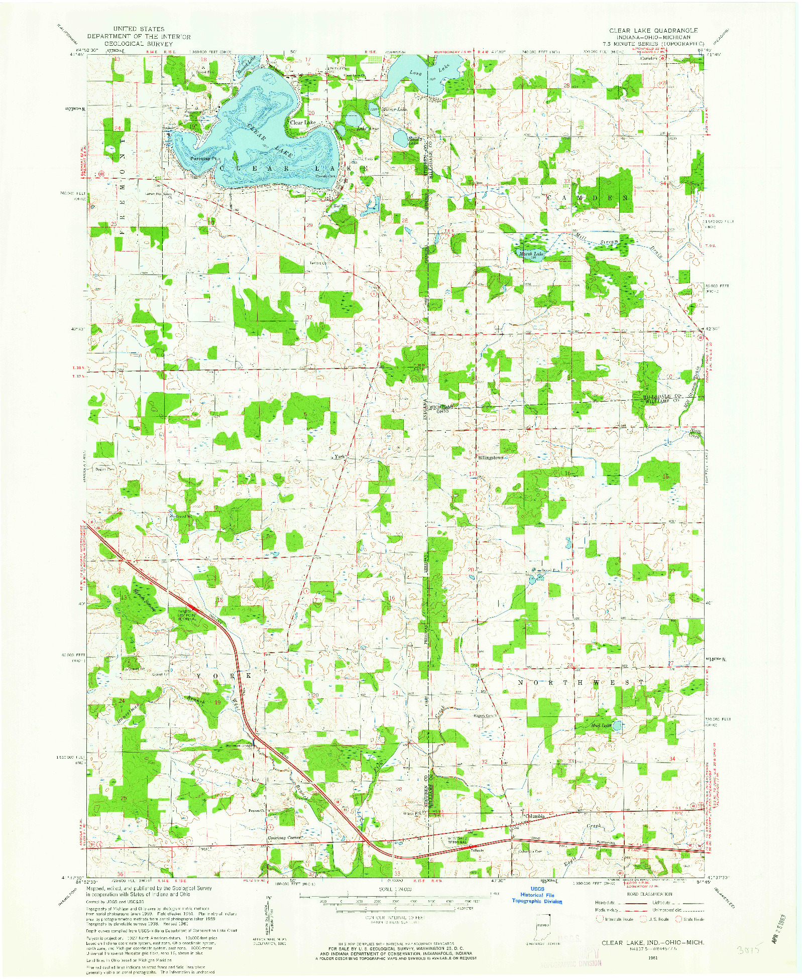 USGS 1:24000-SCALE QUADRANGLE FOR CLEAR LAKE, IN 1961