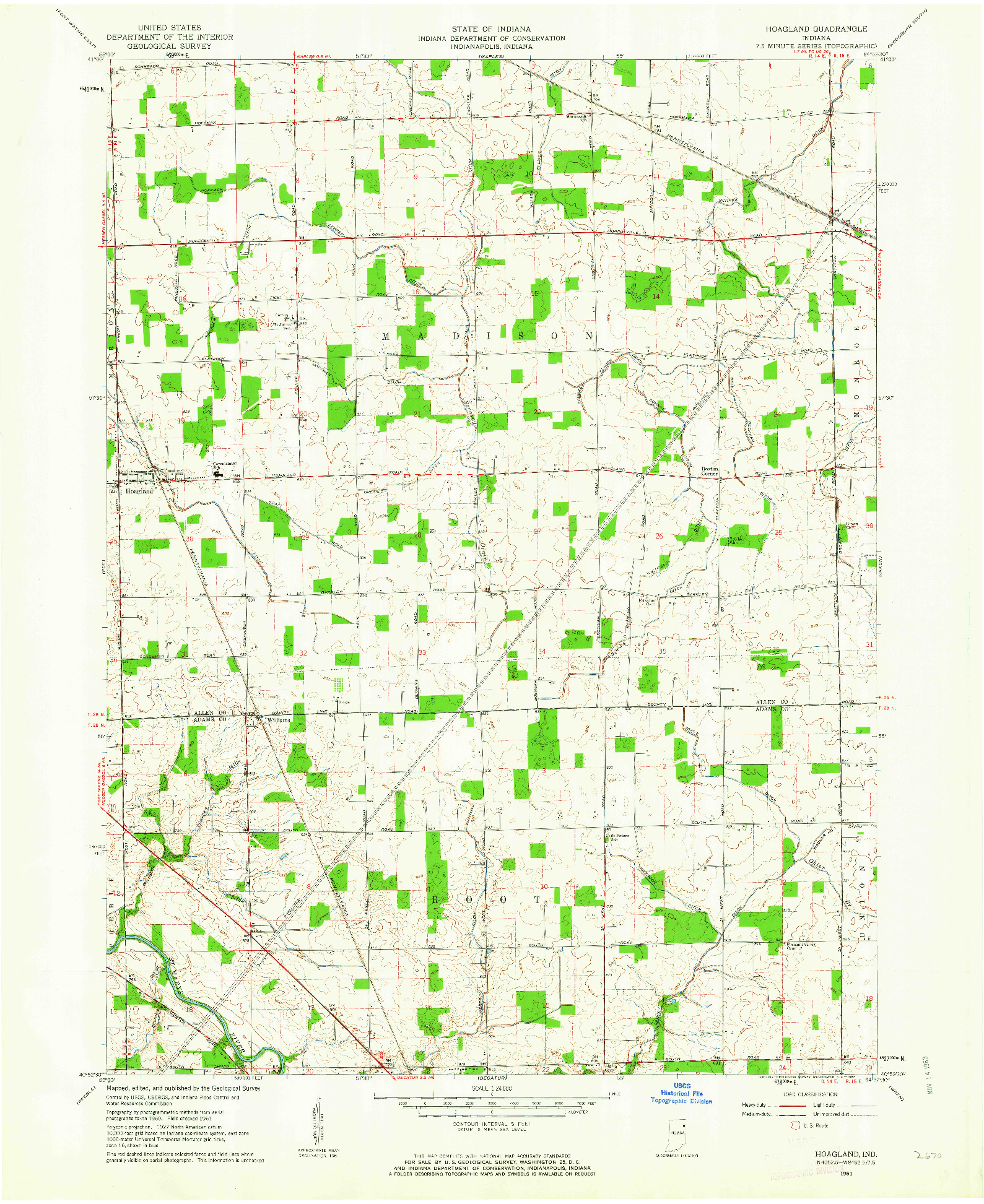 USGS 1:24000-SCALE QUADRANGLE FOR HOAGLAND, IN 1961