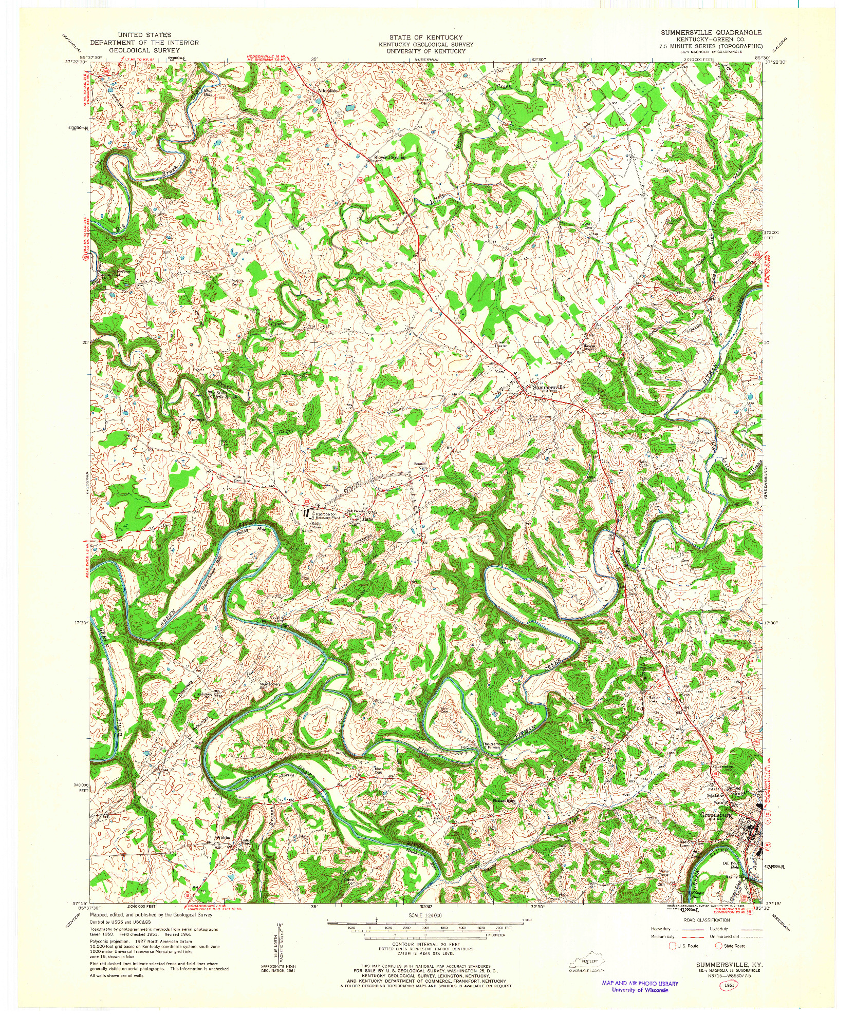 USGS 1:24000-SCALE QUADRANGLE FOR SUMMERSVILLE, KY 1961