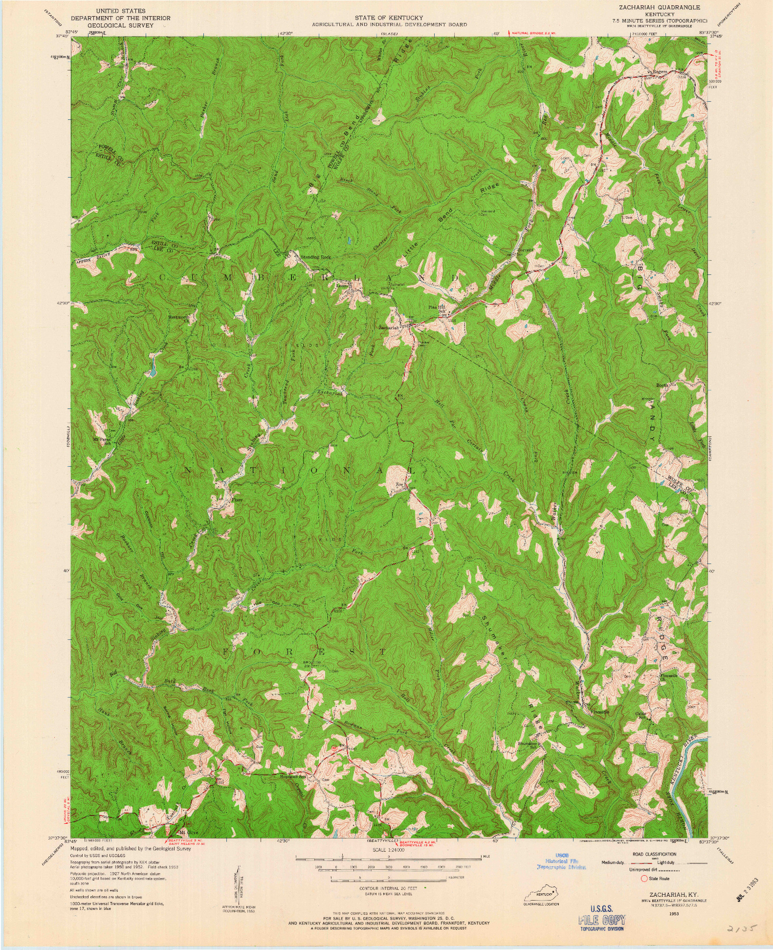 USGS 1:24000-SCALE QUADRANGLE FOR ZACHARIAH, KY 1953