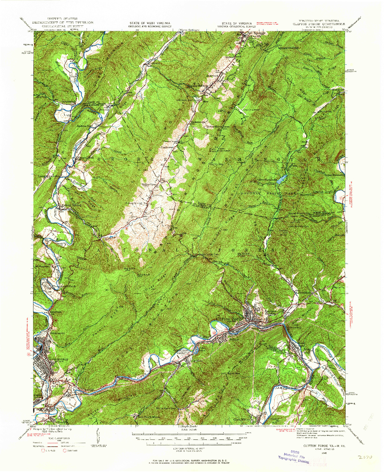 USGS 1:62500-SCALE QUADRANGLE FOR CLIFTON FORGE, VA 1945