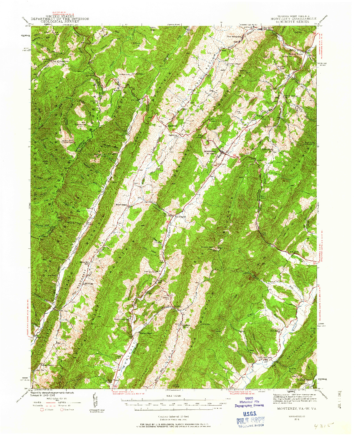 USGS 1:62500-SCALE QUADRANGLE FOR MONTEREY, VA 1941