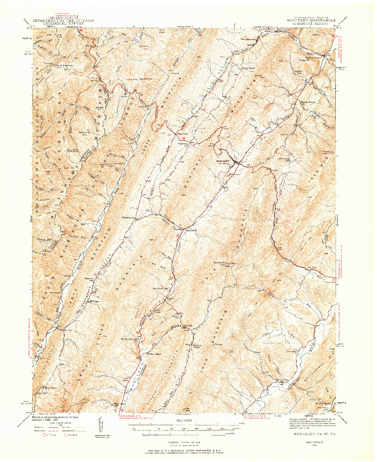 USGS 1:62500-SCALE QUADRANGLE FOR MONTEREY, VA 1941