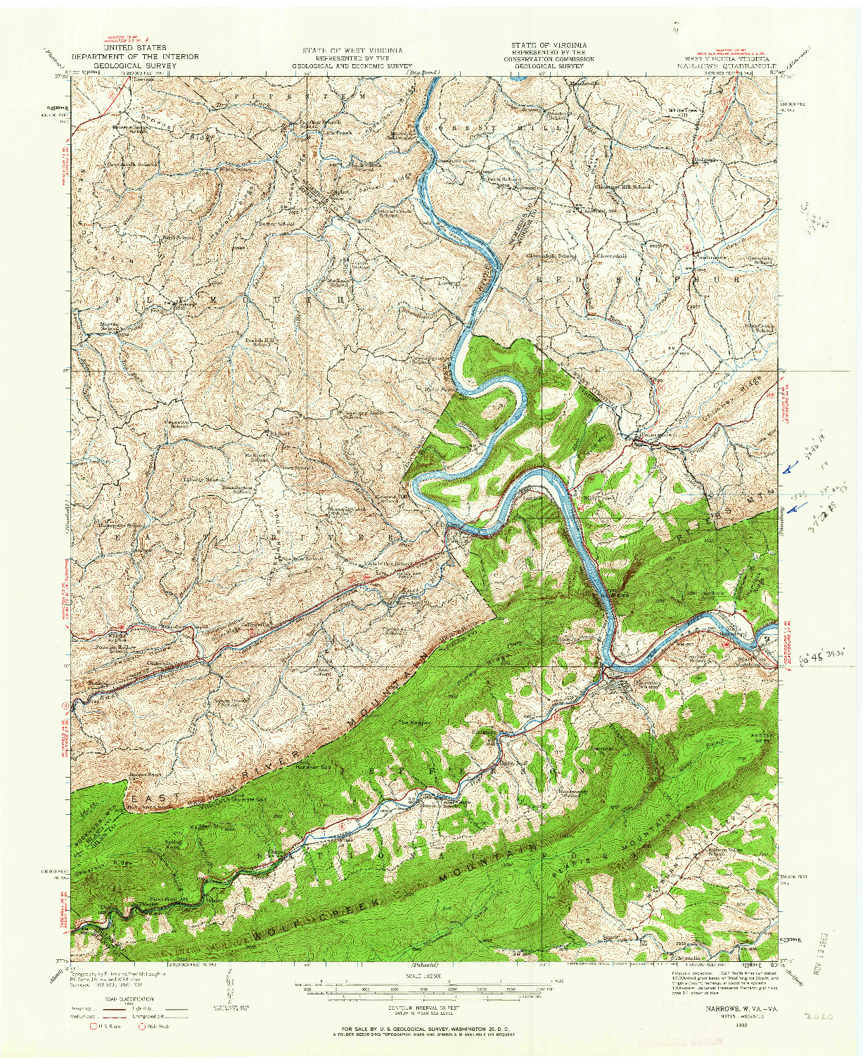 USGS 1:62500-SCALE QUADRANGLE FOR NARROWS, VA 1932