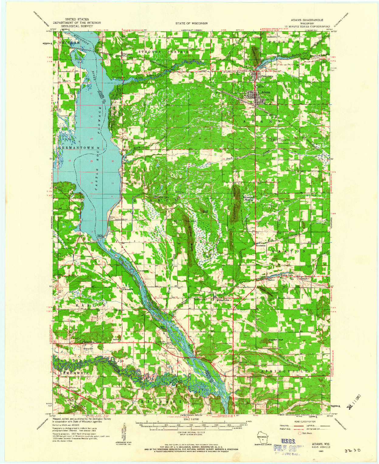 USGS 1:62500-SCALE QUADRANGLE FOR ADAMS, WI 1961