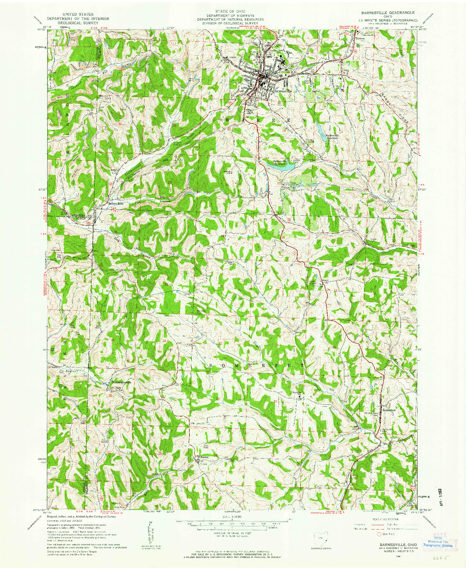 USGS 1:24000-SCALE QUADRANGLE FOR BARNESVILLE, OH 1961