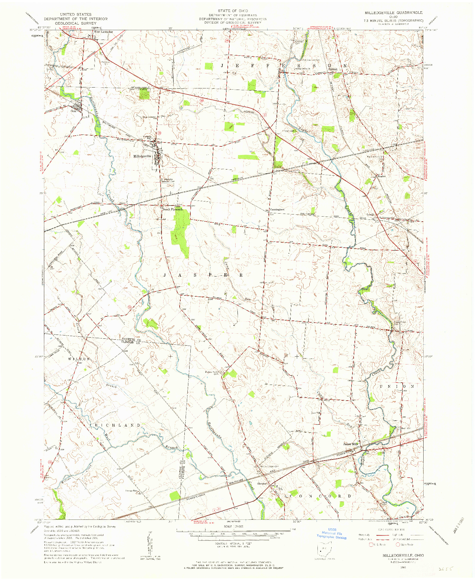 USGS 1:24000-SCALE QUADRANGLE FOR MILLEDGEVILLE, OH 1961