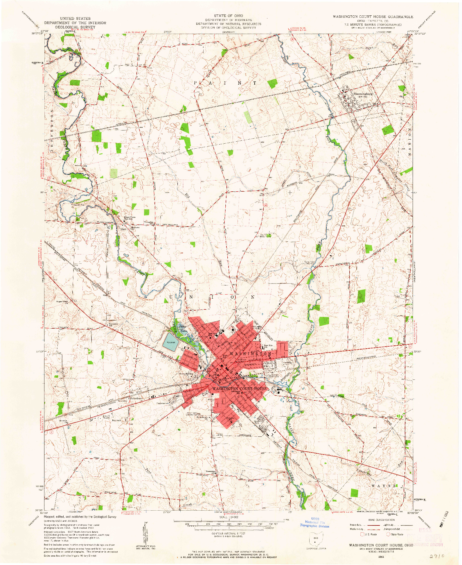 USGS 1:24000-SCALE QUADRANGLE FOR WASHINGTON COURT HOUSE, OH 1961