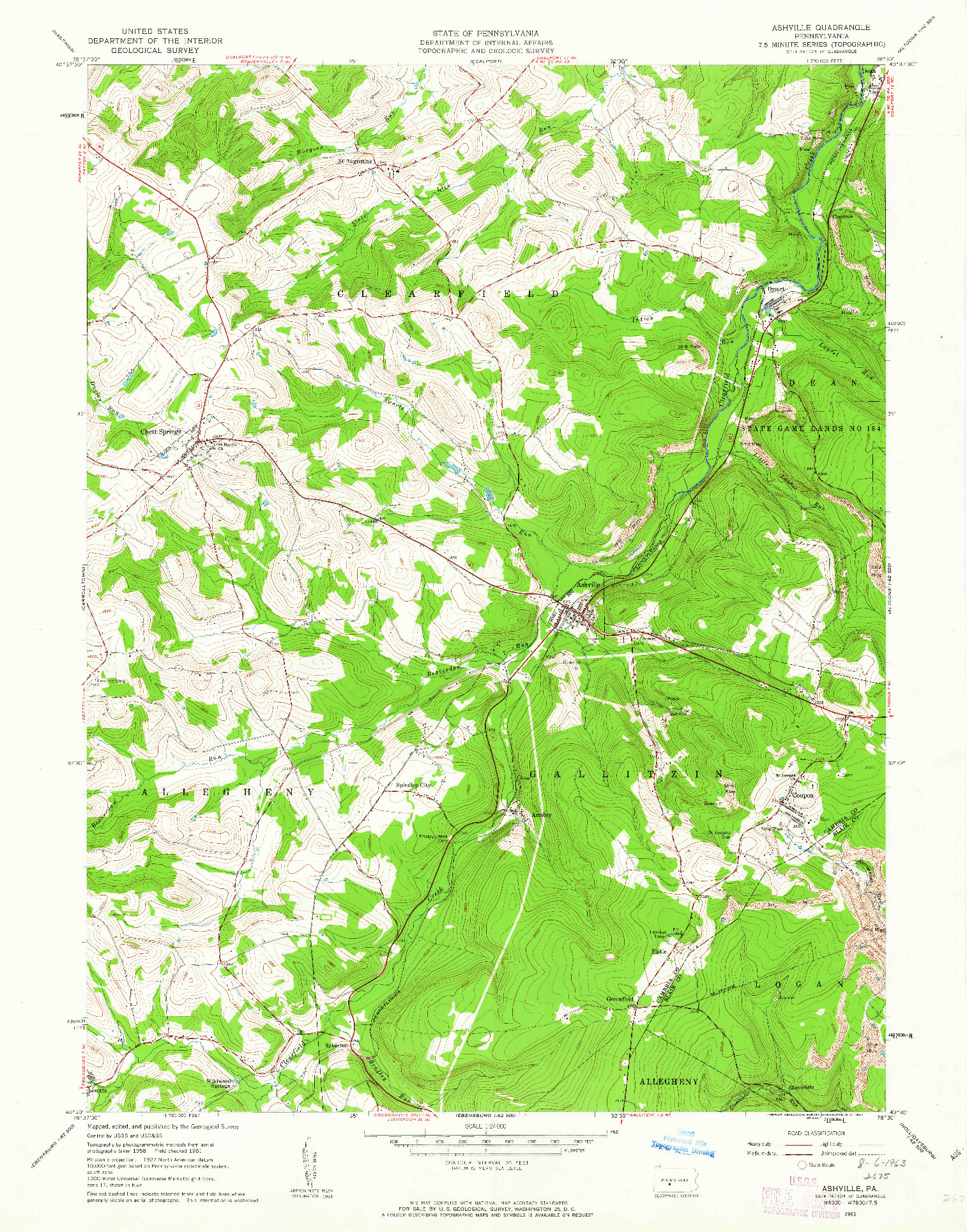 USGS 1:24000-SCALE QUADRANGLE FOR ASHVILLE, PA 1961