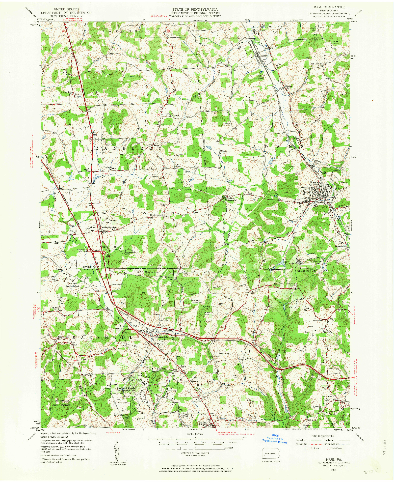 USGS 1:24000-SCALE QUADRANGLE FOR MARS, PA 1953