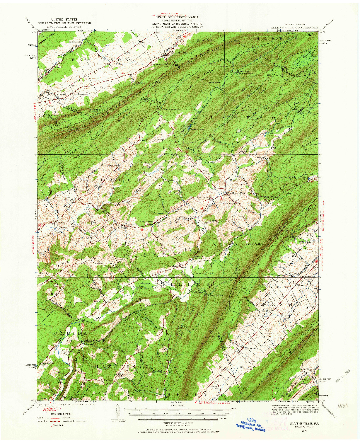 USGS 1:62500-SCALE QUADRANGLE FOR ALLENSVILLE, PA 1935
