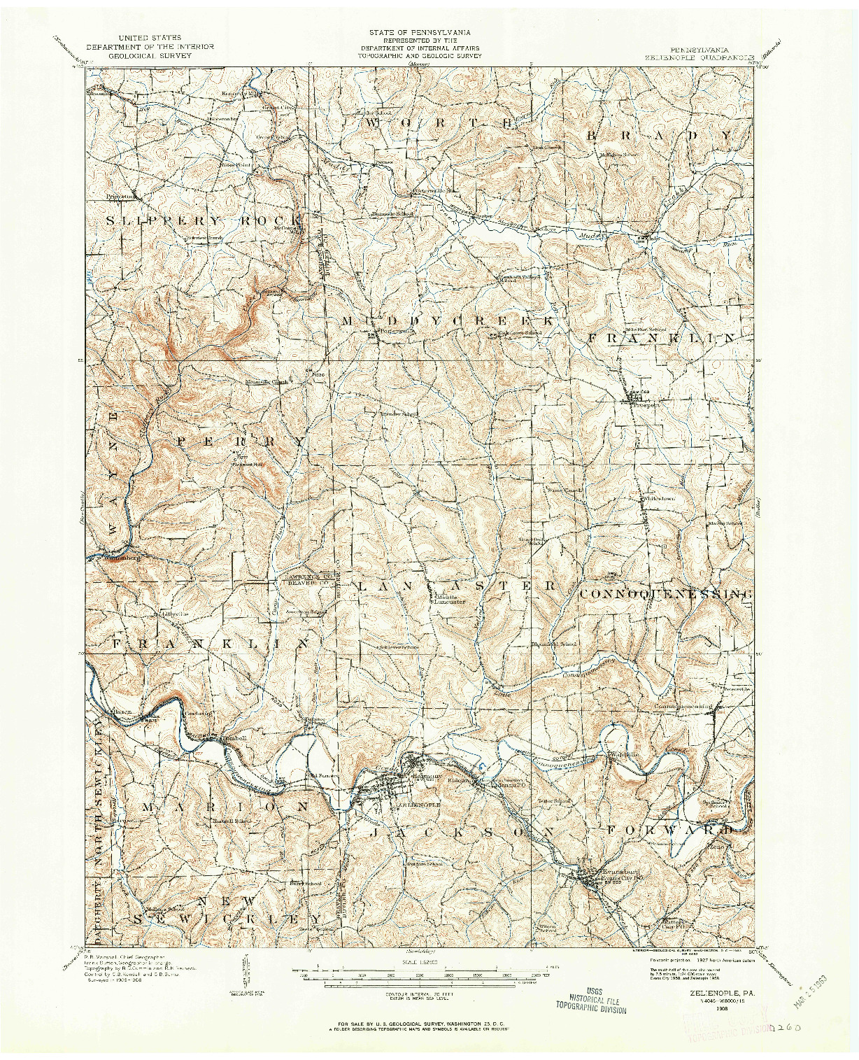 USGS 1:62500-SCALE QUADRANGLE FOR ZELIENOPLE, PA 1908