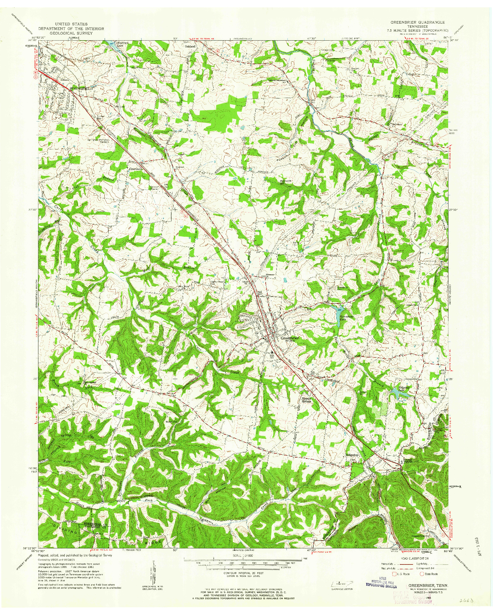 USGS 1:24000-SCALE QUADRANGLE FOR GREENBRIER, TN 1961
