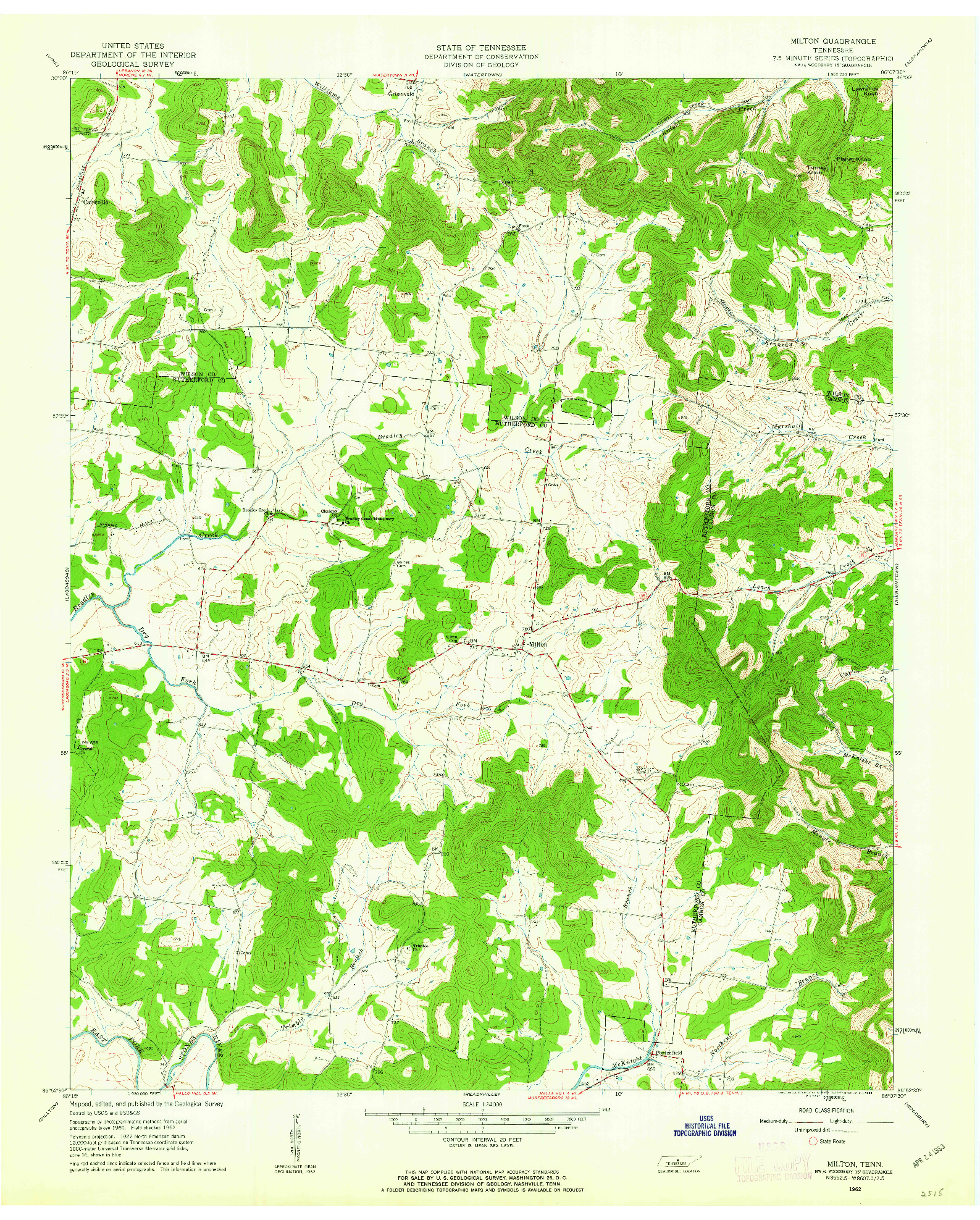 USGS 1:24000-SCALE QUADRANGLE FOR MILTON, TN 1962