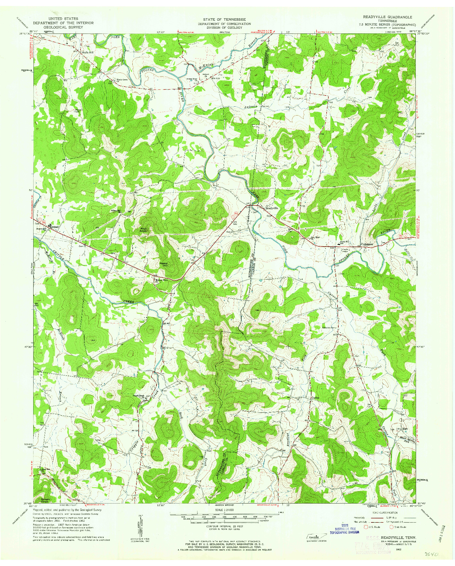 USGS 1:24000-SCALE QUADRANGLE FOR READYVILLE, TN 1962