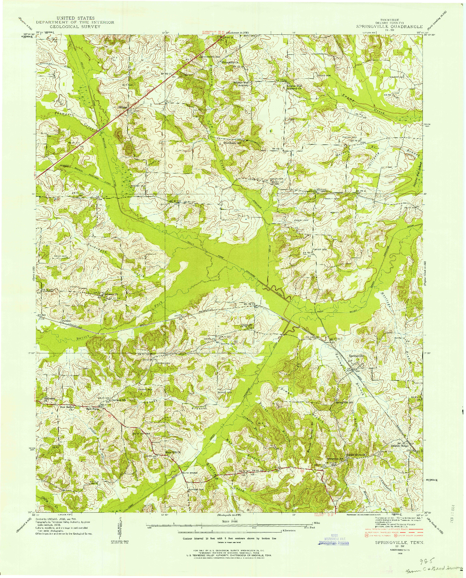 USGS 1:24000-SCALE QUADRANGLE FOR SPRINGVILLE, TN 1938