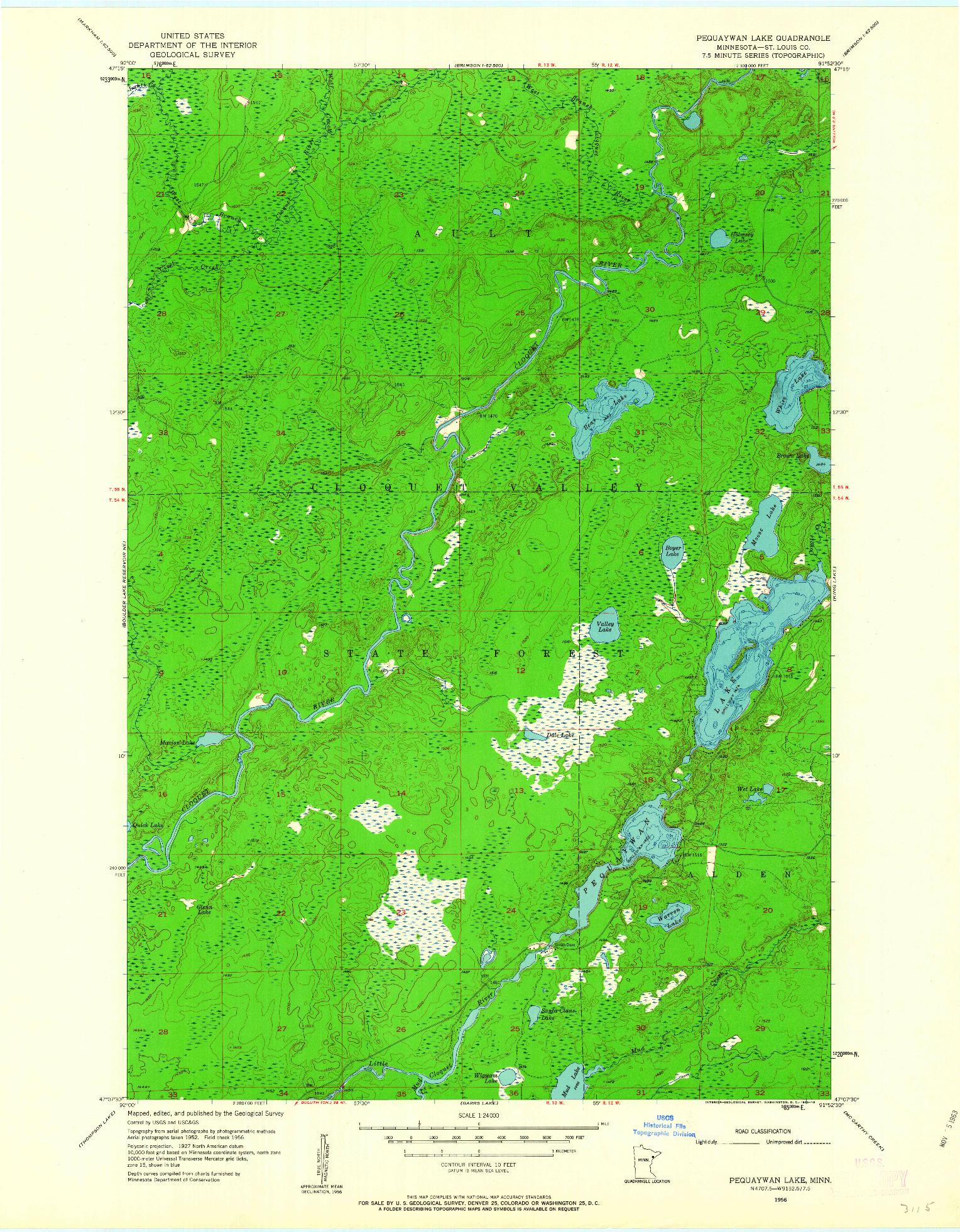 USGS 1:24000-SCALE QUADRANGLE FOR PEQUAYWAN LAKE, MN 1956