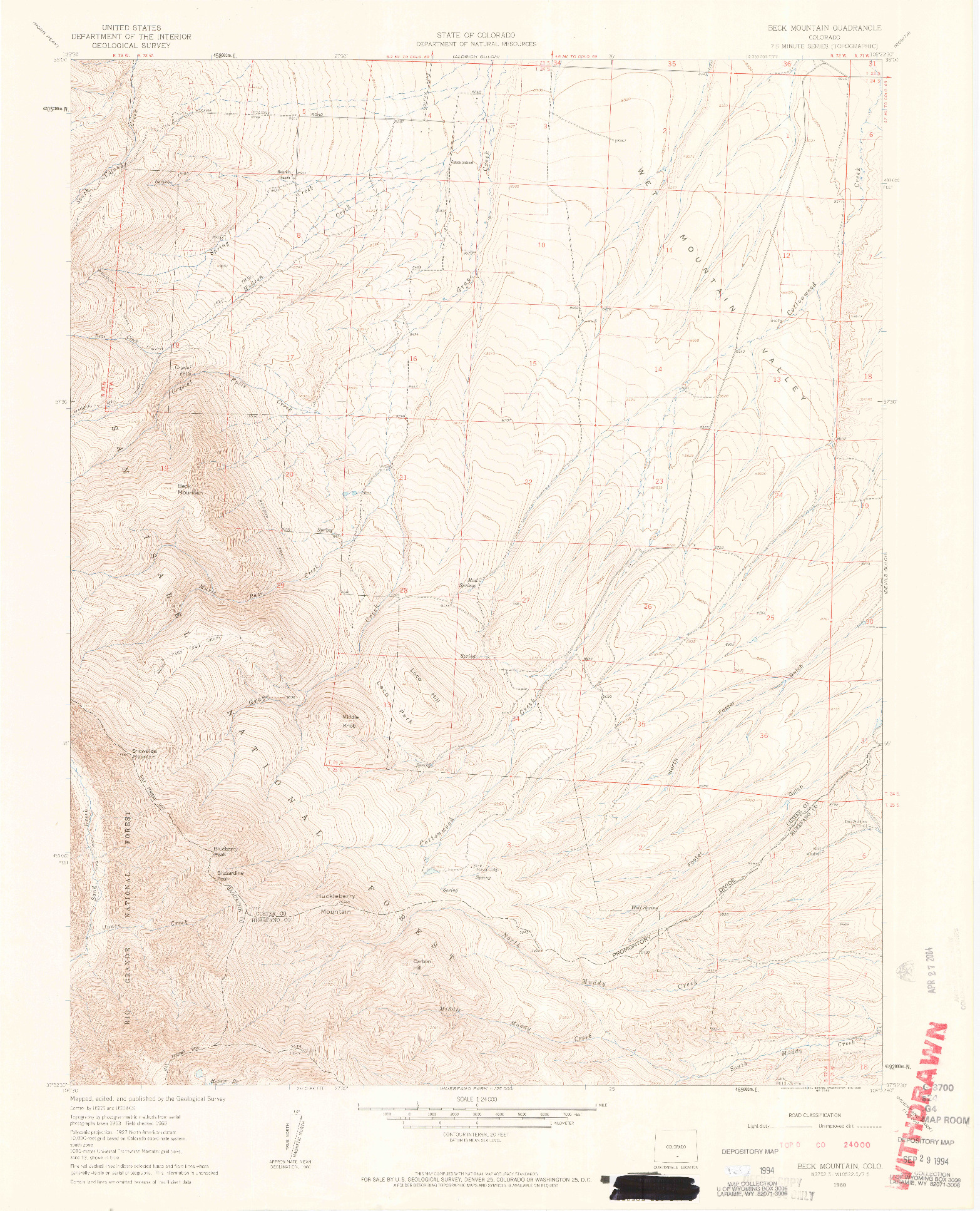 USGS 1:24000-SCALE QUADRANGLE FOR BECK MOUNTAIN, CO 1960