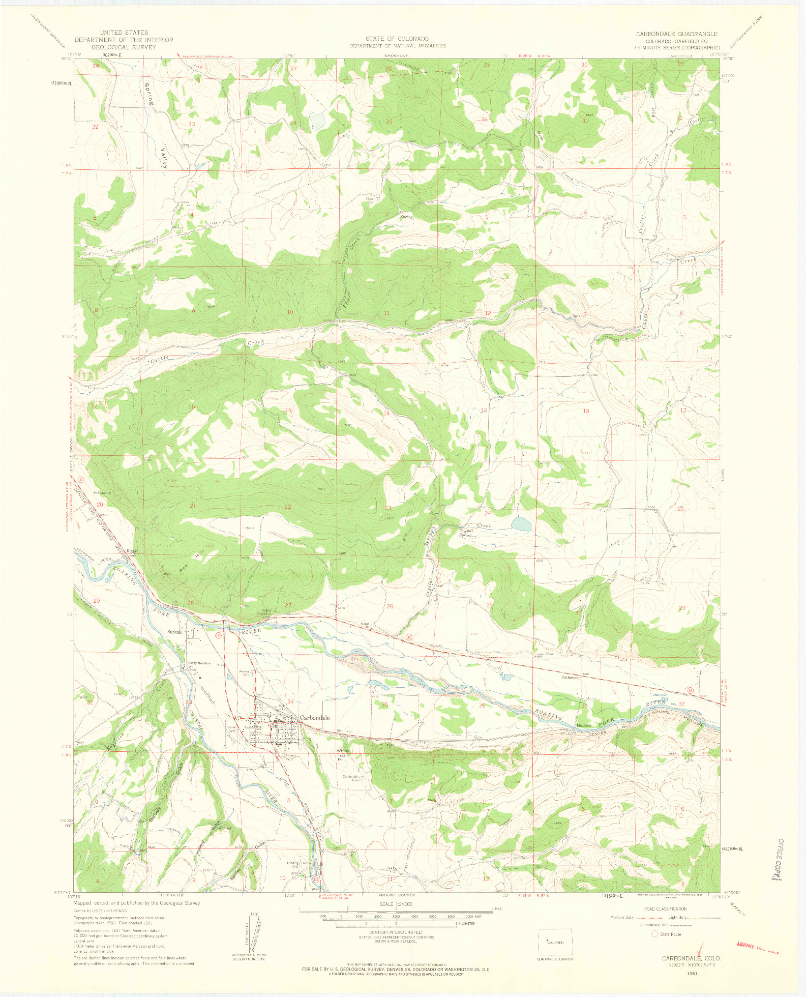 USGS 1:24000-SCALE QUADRANGLE FOR CARBONDALE, CO 1961