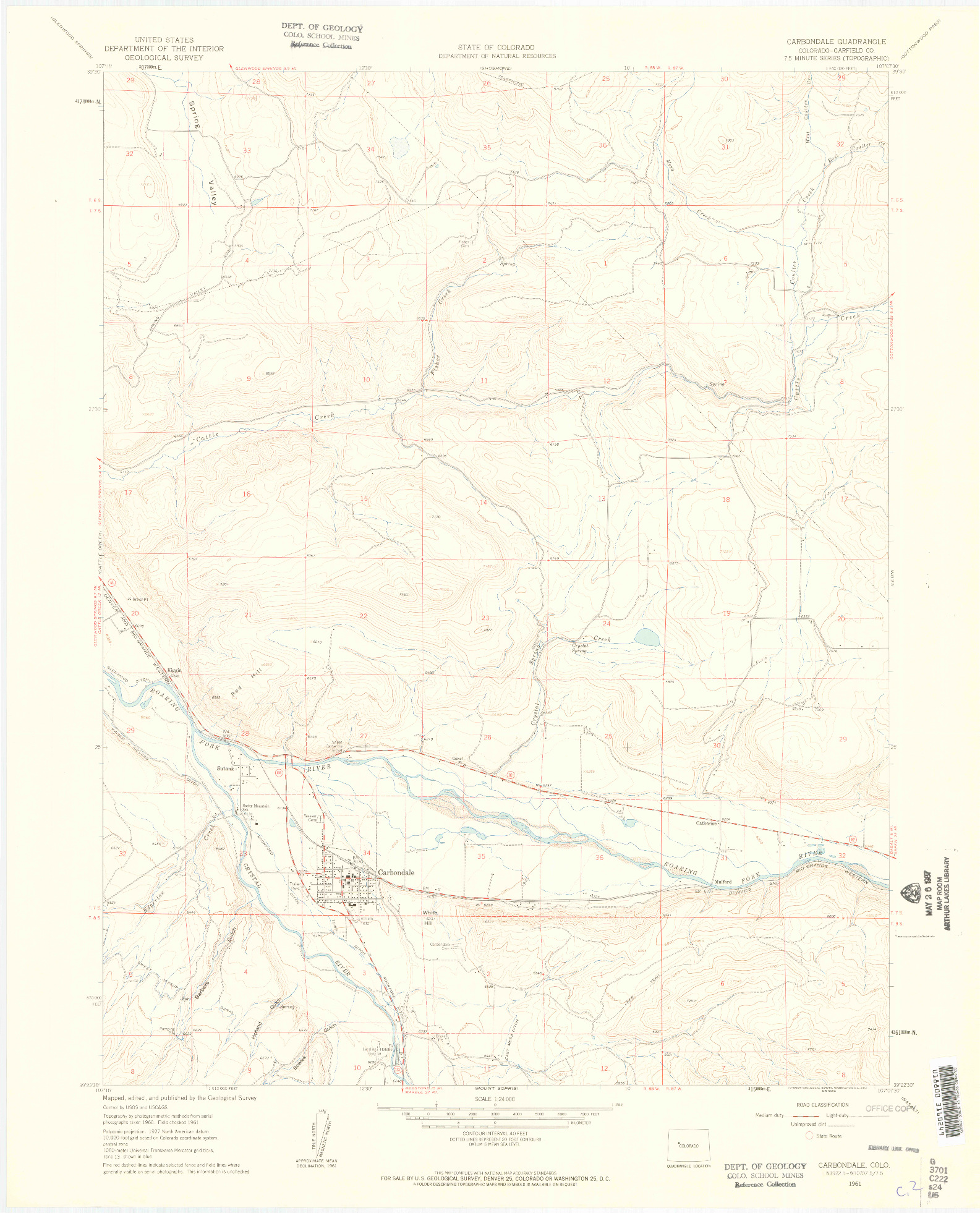 USGS 1:24000-SCALE QUADRANGLE FOR CARBONDALE, CO 1961