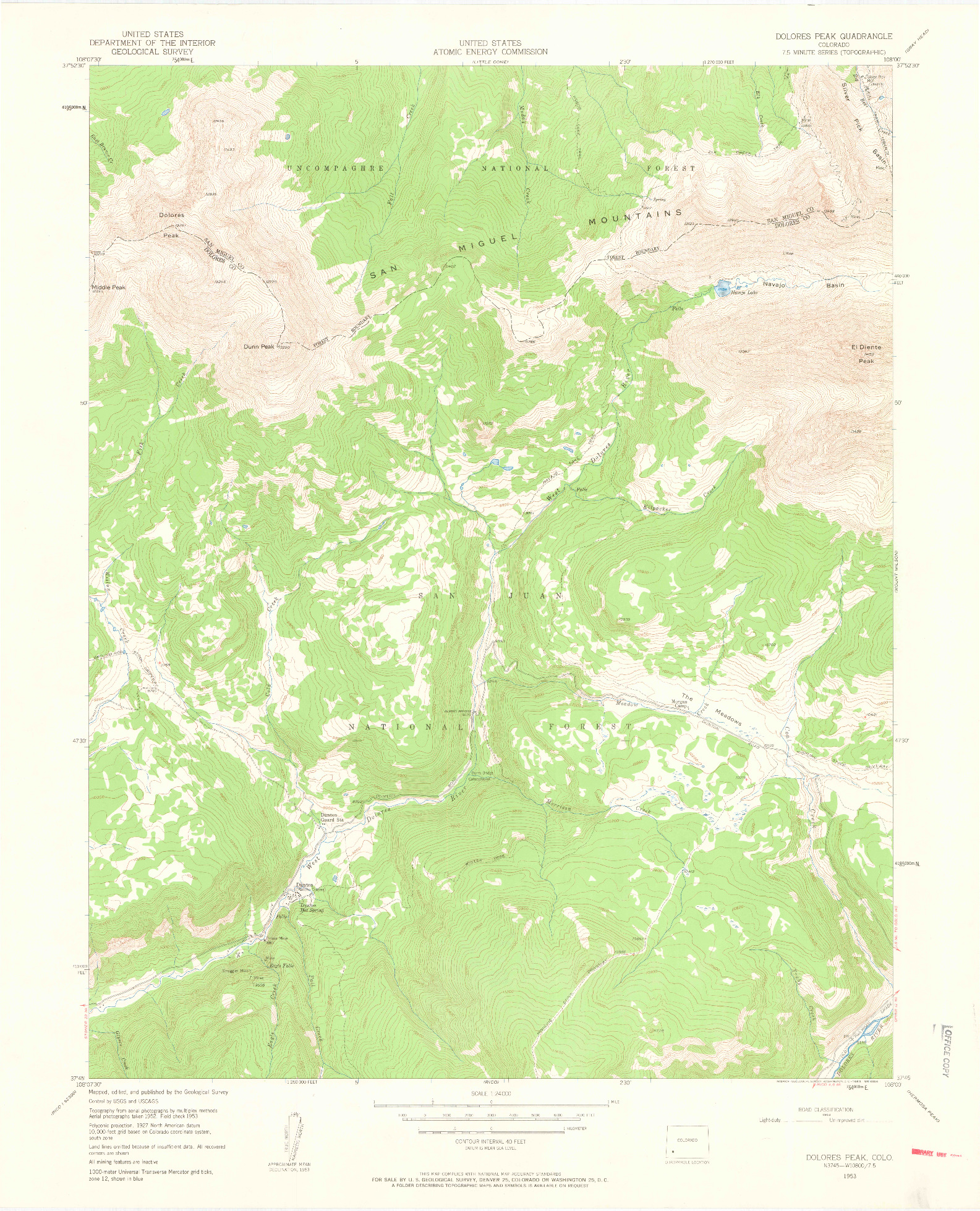 USGS 1:24000-SCALE QUADRANGLE FOR DOLORES PEAK, CO 1953