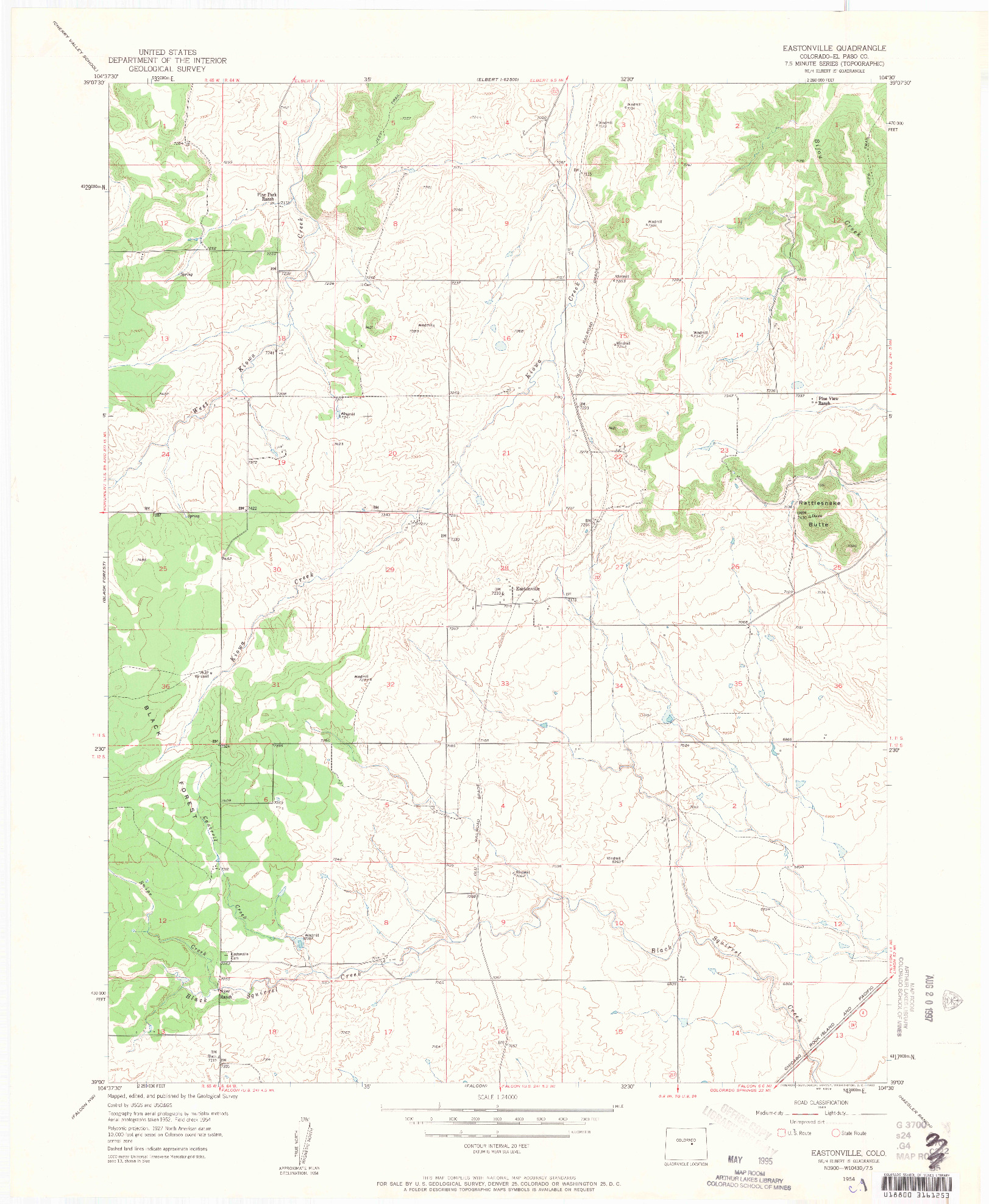 USGS 1:24000-SCALE QUADRANGLE FOR EASTONVILLE, CO 1954