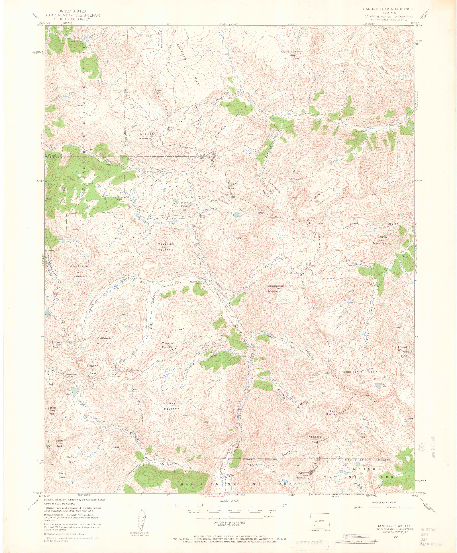 USGS 1:24000-SCALE QUADRANGLE FOR HANDIES PEAK, CO 1955