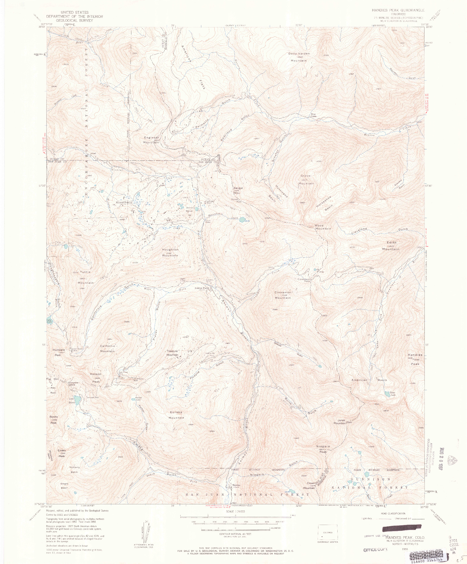 USGS 1:24000-SCALE QUADRANGLE FOR HANDIES PEAK, CO 1955