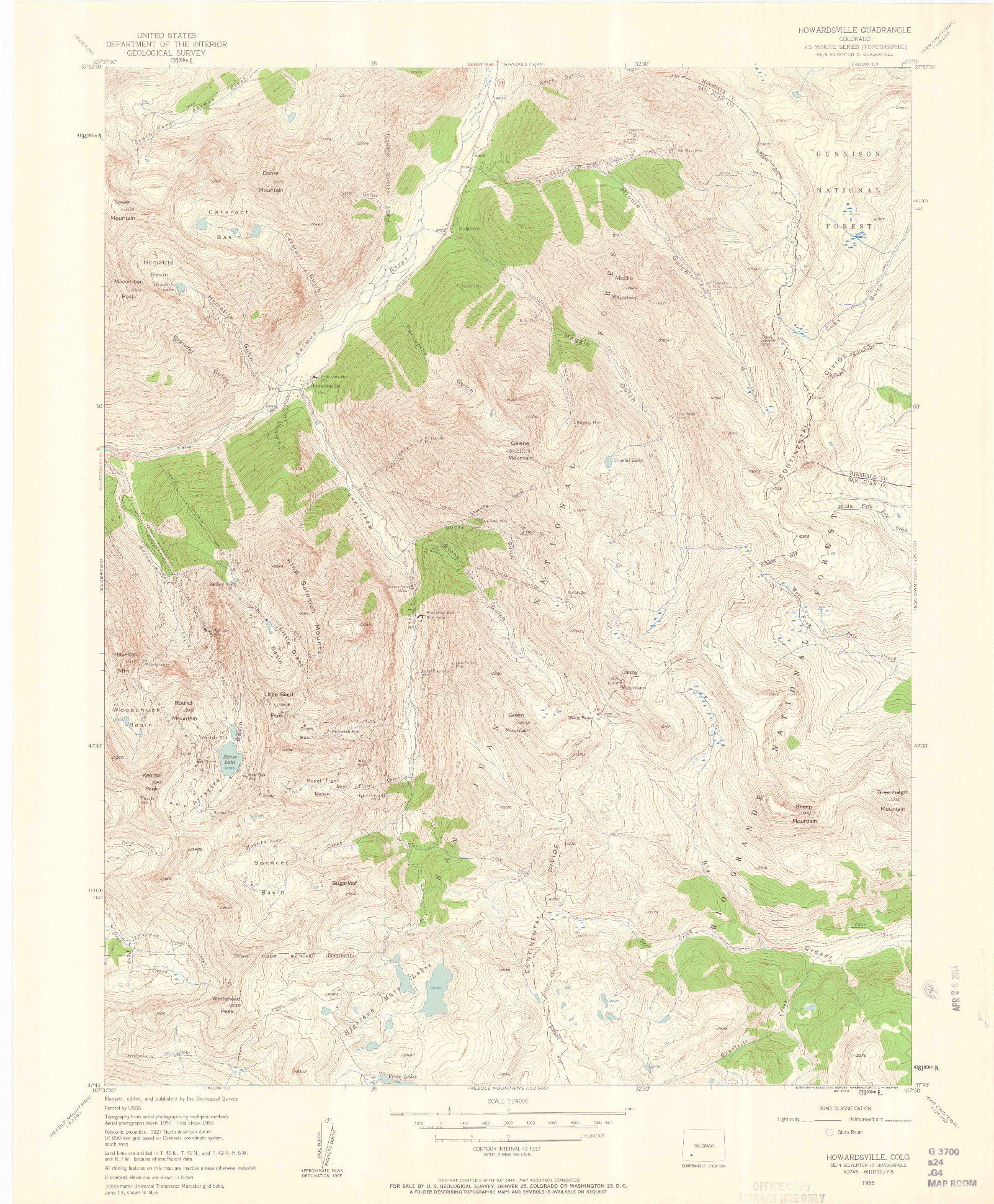 USGS 1:24000-SCALE QUADRANGLE FOR HOWARDSVILLE, CO 1955