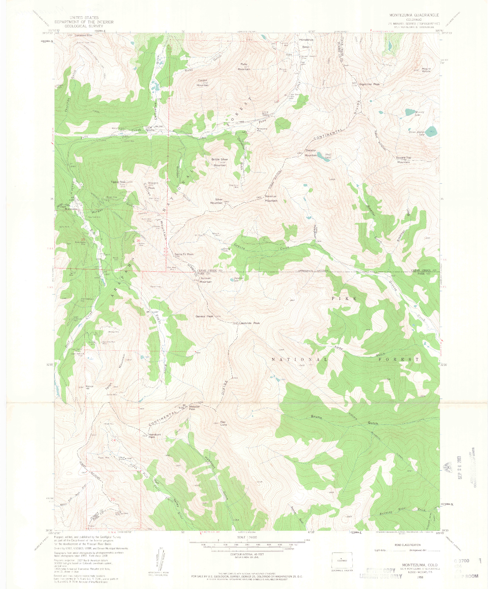 USGS 1:24000-SCALE QUADRANGLE FOR MONTEZUMA, CO 1958