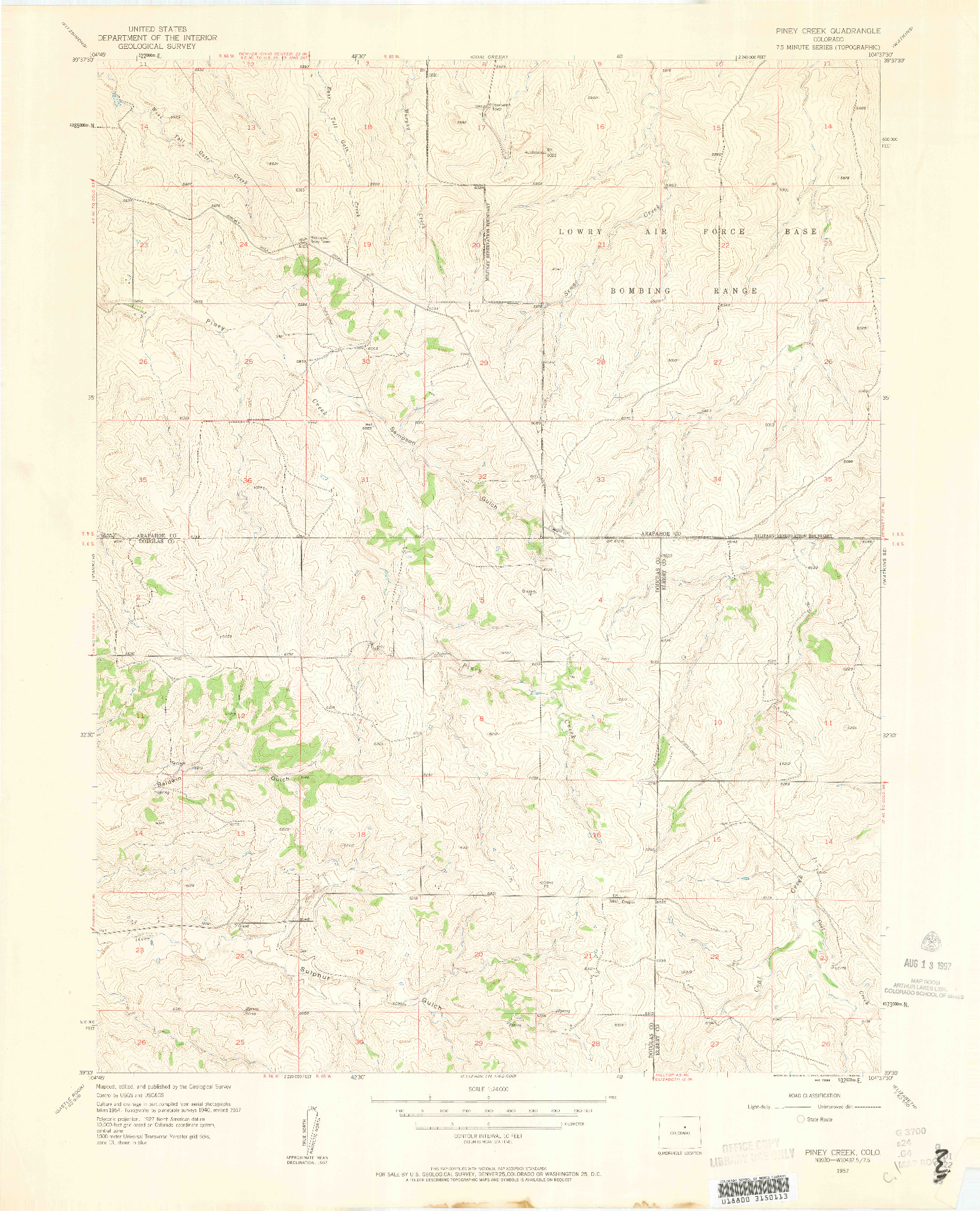 USGS 1:24000-SCALE QUADRANGLE FOR PINEY CREEK, CO 1957