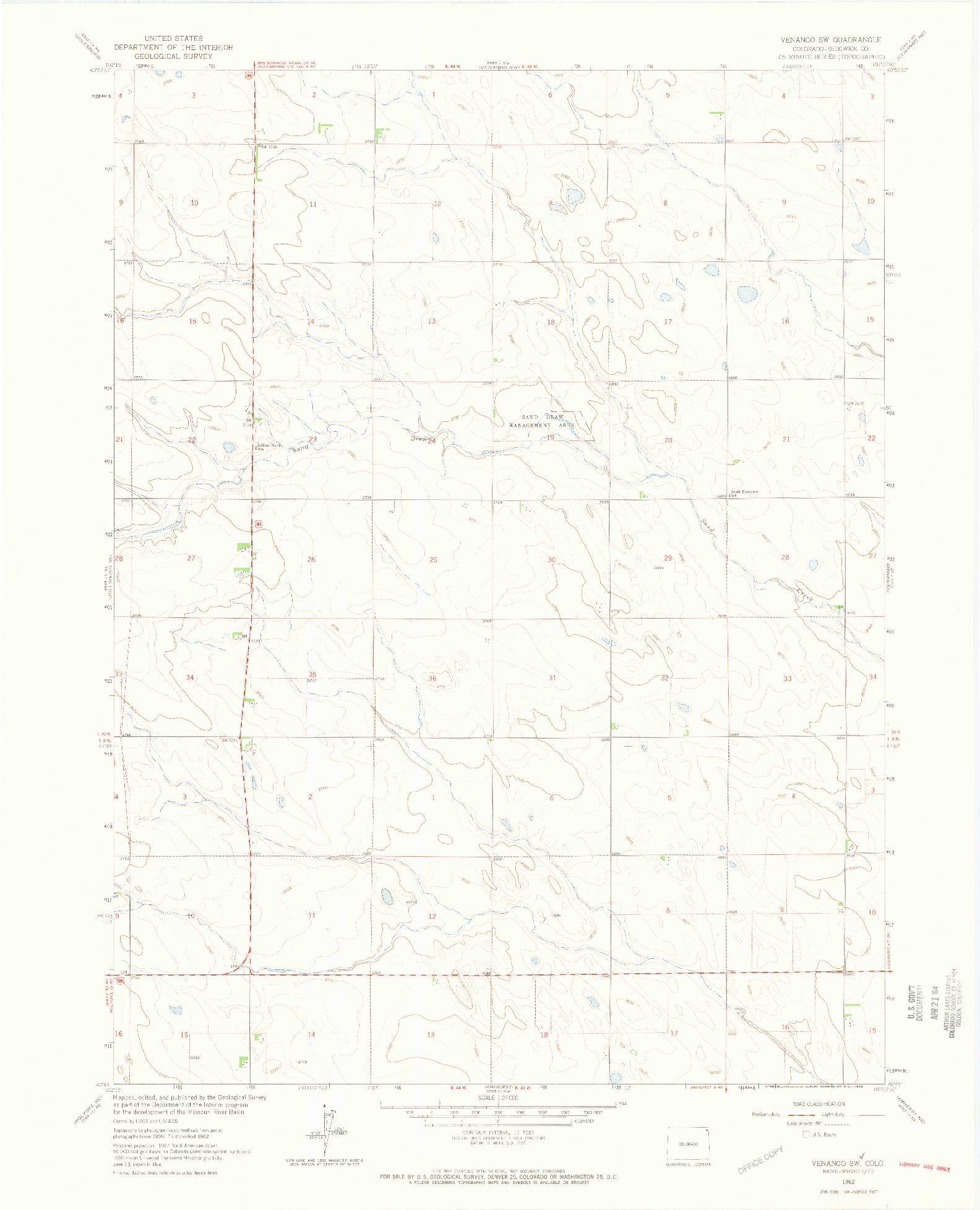 USGS 1:24000-SCALE QUADRANGLE FOR VENANGO SW, CO 1962