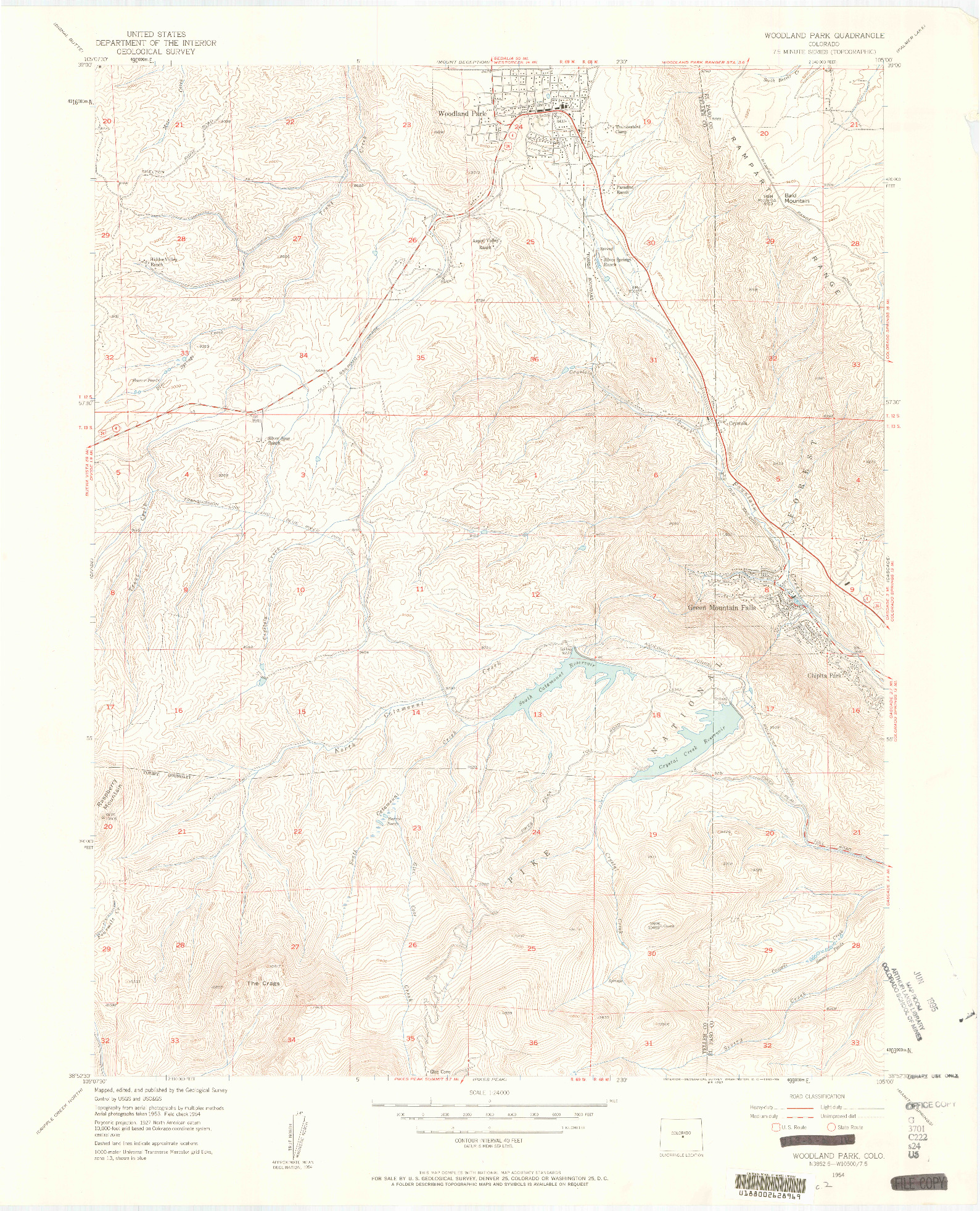 USGS 1:24000-SCALE QUADRANGLE FOR WOODLAND PARK, CO 1954